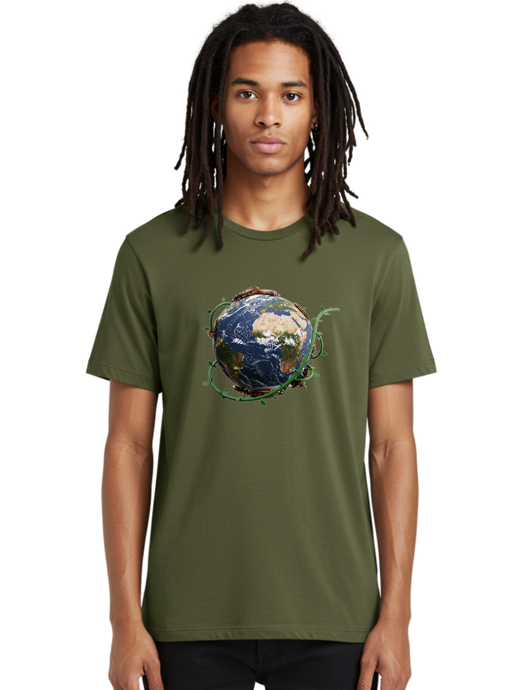 Earth-With-Vines Men'S Graphic Tee, 100% Cotton, Comfortable Casual Summer Wear, Machine Washable, Earth From Space, Global Unity, Environmental Protection, Eco Friendly, Vines, Leaves, Sustainable Living, Planet Earth Baa593