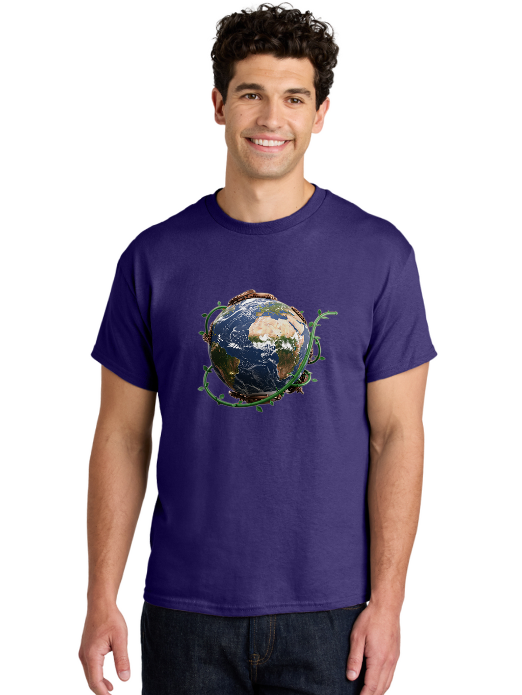 Earth-With-Vines Men'S Graphic Tee, 100% Cotton, Comfortable Casual Summer Wear, Machine Washable, Earth From Space, Global Unity, Environmental Protection, Eco Friendly, Vines, Leaves, Sustainable Living, Planet Earth Baa593
