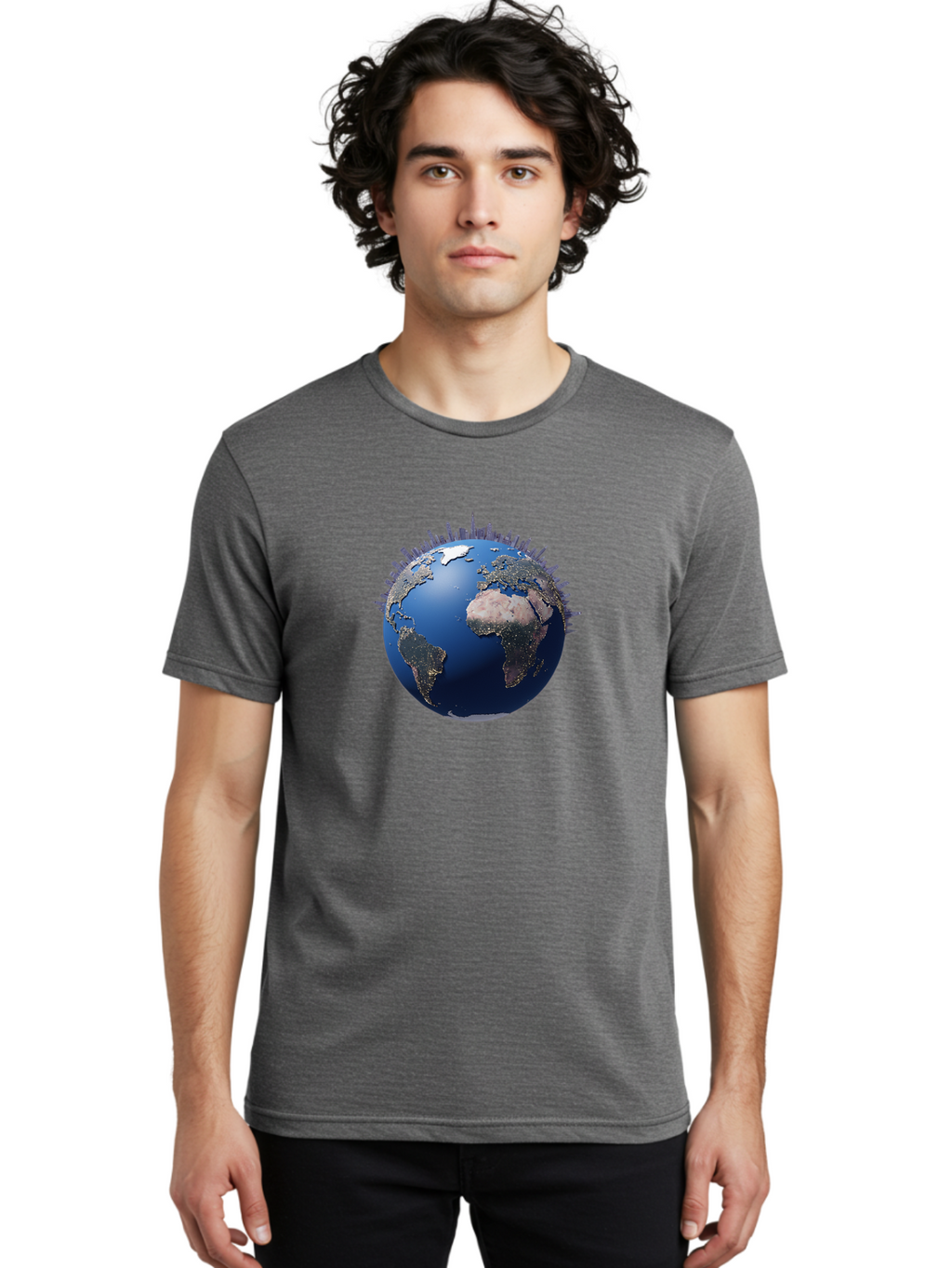 Earth Men'S Graphic Tee, 100% Cotton, Comfortable Casual Summer Wear, Machine Washable, Globe Showing City Lights, Global Connectivity, Urbanization, Night Lights, World Map, Global Network, International Data Baa594