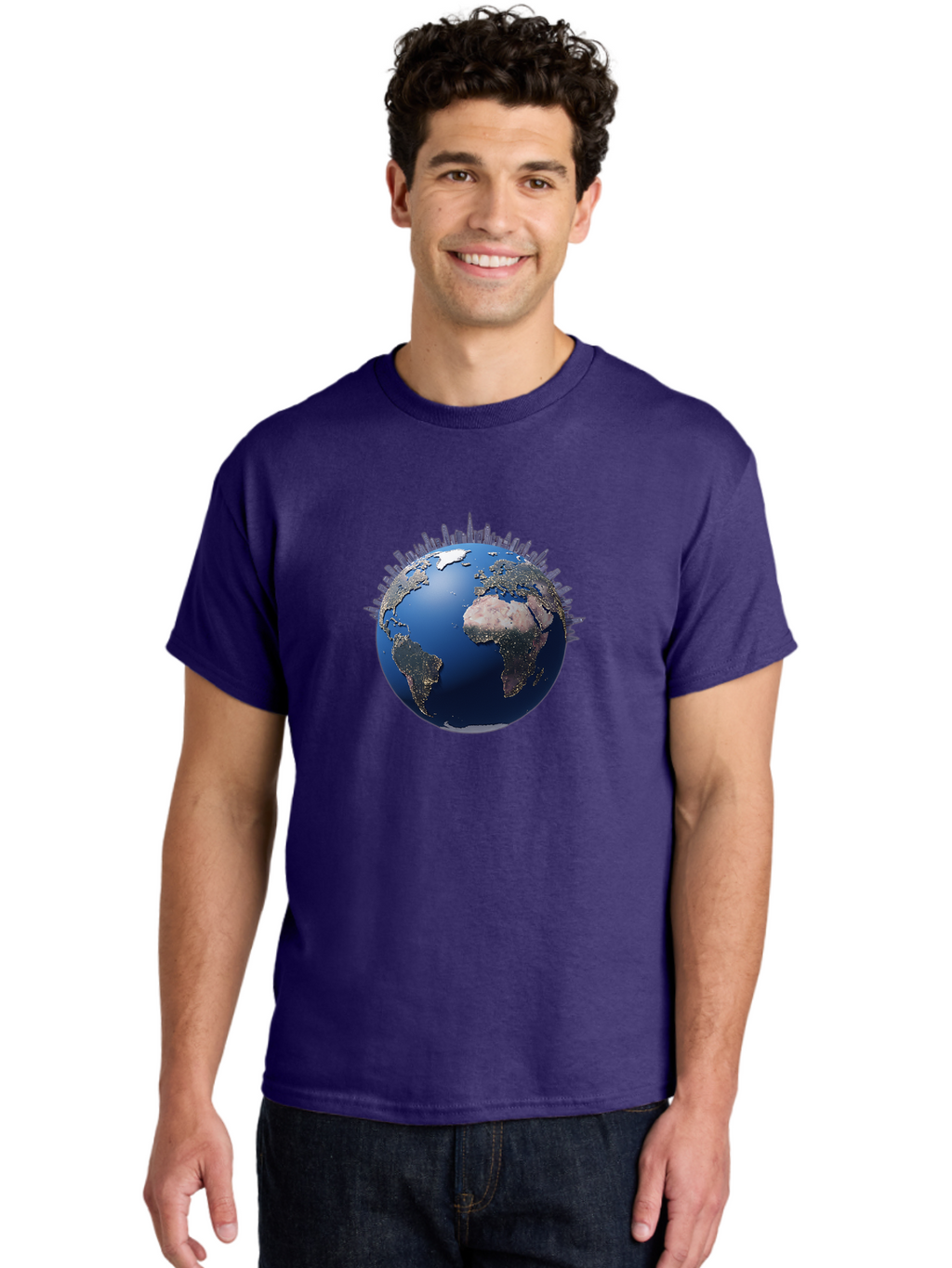 Earth Men'S Graphic Tee, 100% Cotton, Comfortable Casual Summer Wear, Machine Washable, Globe Showing City Lights, Global Connectivity, Urbanization, Night Lights, World Map, Global Network, International Data Baa594