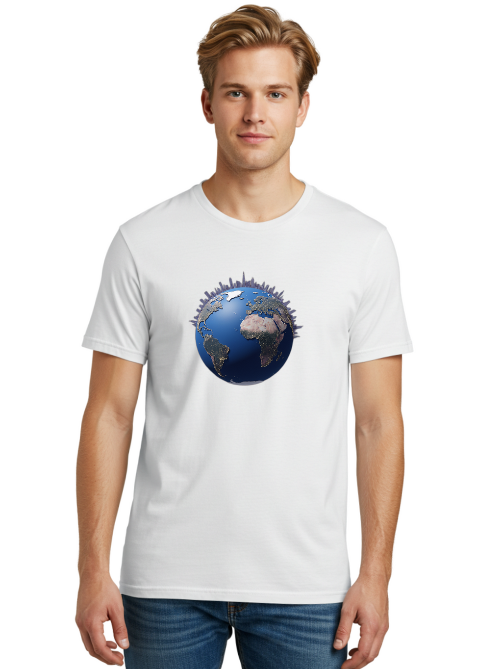 Earth Men'S Graphic Tee, 100% Cotton, Comfortable Casual Summer Wear, Machine Washable, Globe Showing City Lights, Global Connectivity, Urbanization, Night Lights, World Map, Global Network, International Data Baa594