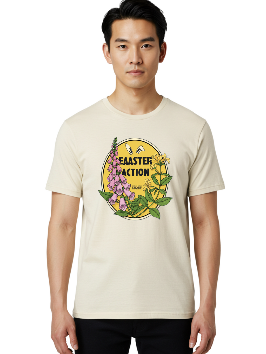 Easter-Action Men'S Graphic Tee, 100% Cotton, Comfortable Casual Summer Wear, Machine Washable, Easter Action Graphic, Easter Eggs, Digital Illustration, Foxglove Flowers, Spring Flowers, Pastel Colors, Botanical Art, Floral Design, Baa595
