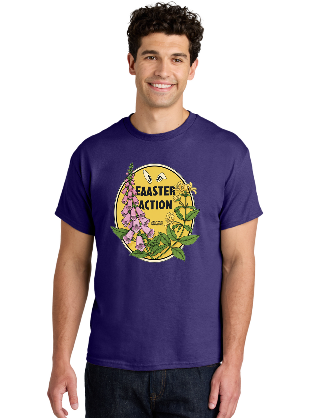 Easter-Action Men'S Graphic Tee, 100% Cotton, Comfortable Casual Summer Wear, Machine Washable, Easter Action Graphic, Easter Eggs, Digital Illustration, Foxglove Flowers, Spring Flowers, Pastel Colors, Botanical Art, Floral Design, Baa595