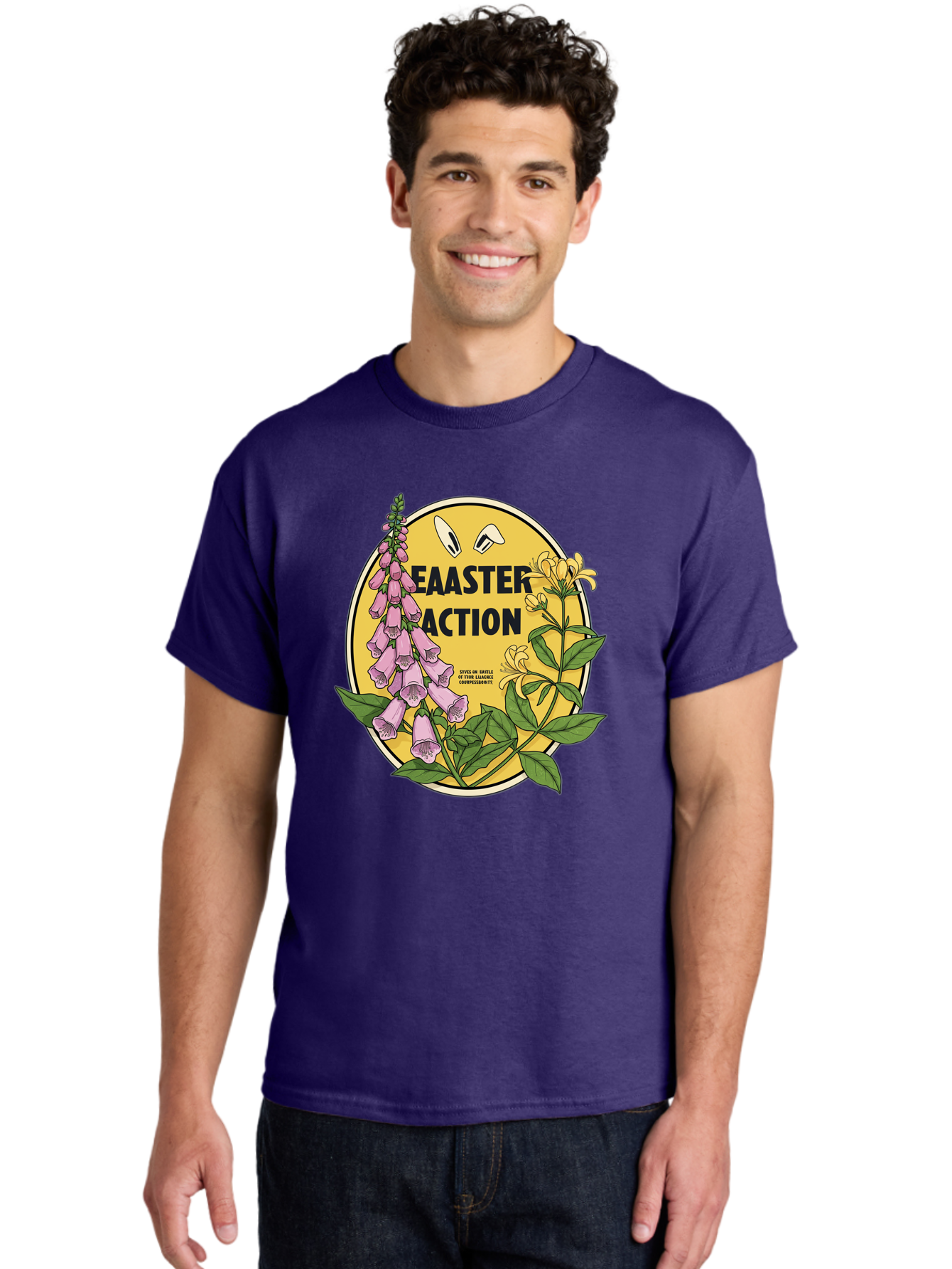 Easter-Action Men'S Graphic Tee, 100% Cotton, Comfortable Casual Summer Wear, Machine Washable, Easter Action Graphic, Easter Eggs, Digital Illustration, Foxglove Flowers, Spring Flowers, Pastel Colors, Botanical Art, Floral Design, Baa595