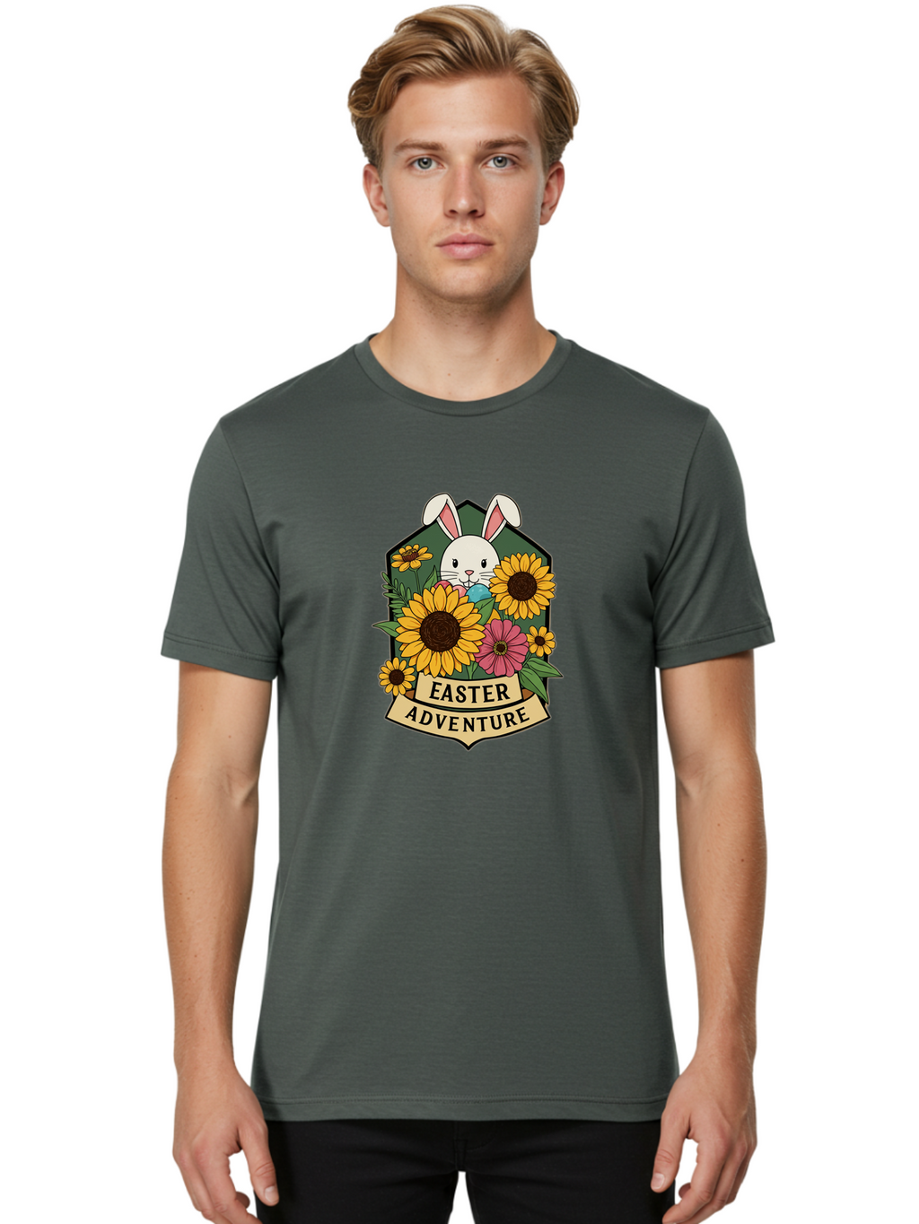 Easter-Adventure Men'S Graphic Tee, 100% Cotton, Comfortable Casual Summer Wear, Machine Washable, Easter Bunny, Sunflowers, Daisies, Floral Arrangement, Spring Flowers, Easter Eggs, Cute Cartoon Bunny, Easter Theme, Festive Design Baa596