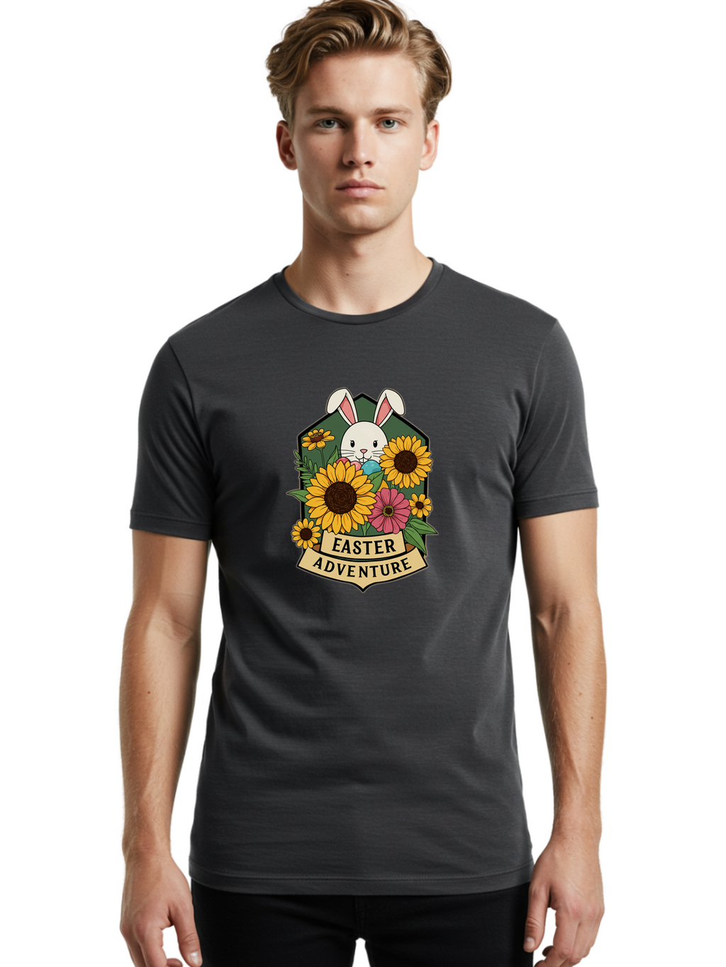 Easter-Adventure Men'S Graphic Tee, 100% Cotton, Comfortable Casual Summer Wear, Machine Washable, Easter Bunny, Sunflowers, Daisies, Floral Arrangement, Spring Flowers, Easter Eggs, Cute Cartoon Bunny, Easter Theme, Festive Design Baa596