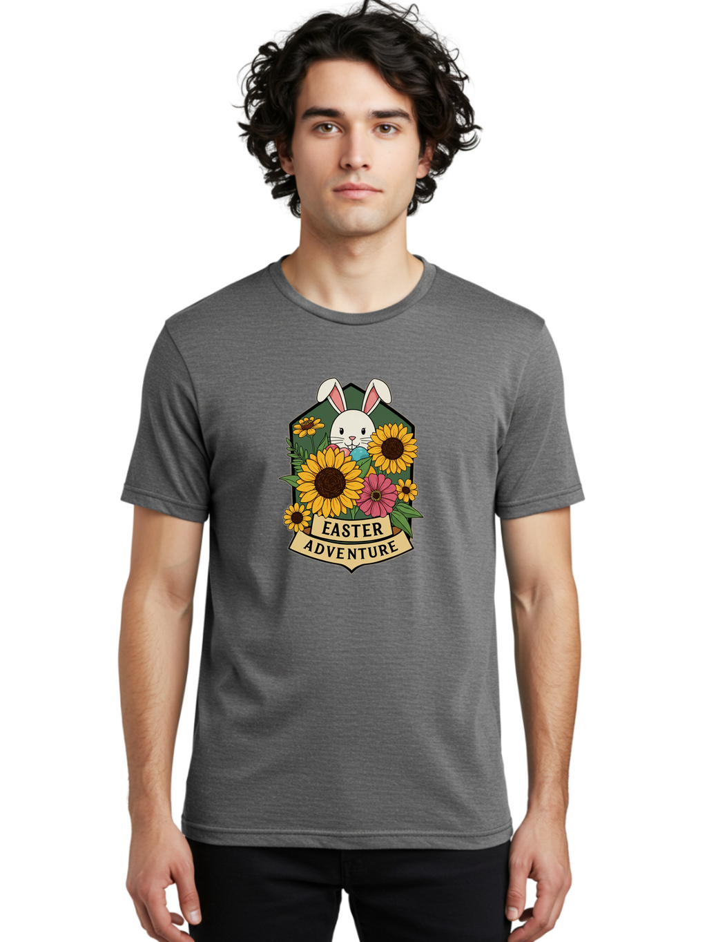 Easter-Adventure Men'S Graphic Tee, 100% Cotton, Comfortable Casual Summer Wear, Machine Washable, Easter Bunny, Sunflowers, Daisies, Floral Arrangement, Spring Flowers, Easter Eggs, Cute Cartoon Bunny, Easter Theme, Festive Design Baa596