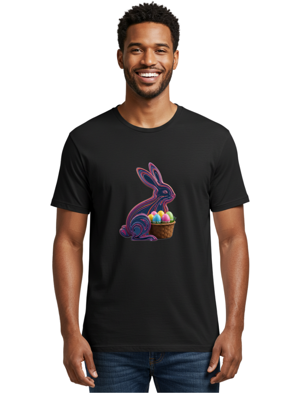 Easter-Bunny-1 Men'S Graphic Tee, 100% Cotton, Comfortable Casual Summer Wear, Machine Washable, Easter Bunny, Pastel Eggs, Colorful Eggs, Wicker Basket, Festive Decor, Spring Theme, Vibrant Colors, Holiday Symbol, Easter Eggs Baa597