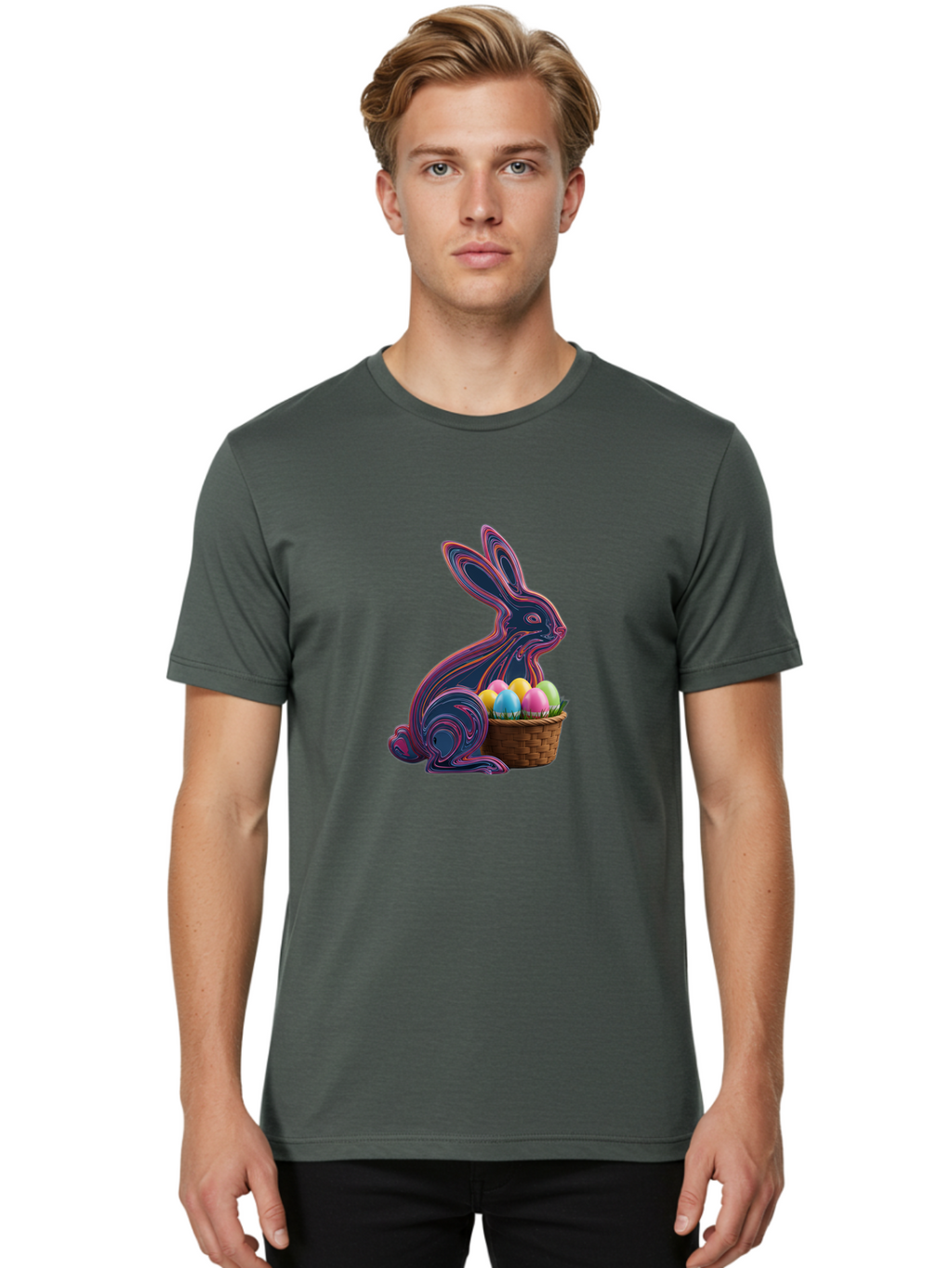 Easter-Bunny-1 Men'S Graphic Tee, 100% Cotton, Comfortable Casual Summer Wear, Machine Washable, Easter Bunny, Pastel Eggs, Colorful Eggs, Wicker Basket, Festive Decor, Spring Theme, Vibrant Colors, Holiday Symbol, Easter Eggs Baa597