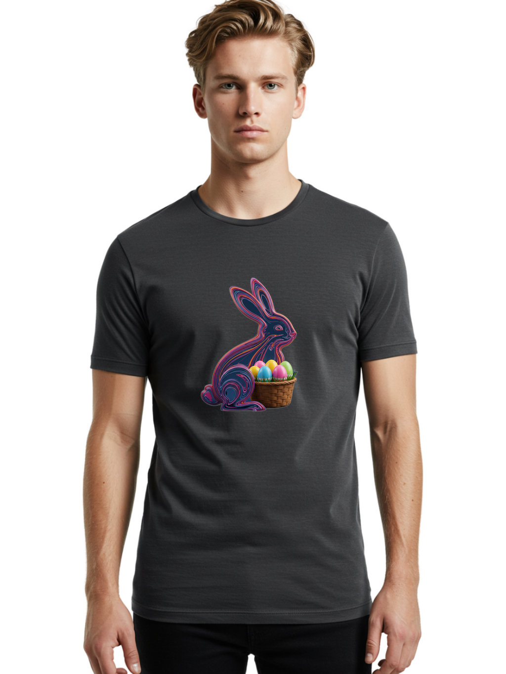 Easter-Bunny-1 Men'S Graphic Tee, 100% Cotton, Comfortable Casual Summer Wear, Machine Washable, Easter Bunny, Pastel Eggs, Colorful Eggs, Wicker Basket, Festive Decor, Spring Theme, Vibrant Colors, Holiday Symbol, Easter Eggs Baa597