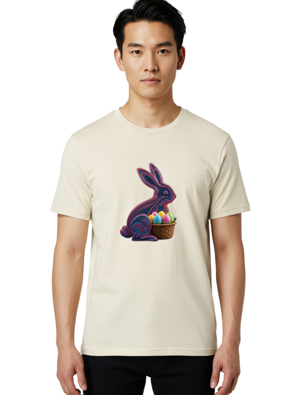 Easter-Bunny-1 Men'S Graphic Tee, 100% Cotton, Comfortable Casual Summer Wear, Machine Washable, Easter Bunny, Pastel Eggs, Colorful Eggs, Wicker Basket, Festive Decor, Spring Theme, Vibrant Colors, Holiday Symbol, Easter Eggs Baa597
