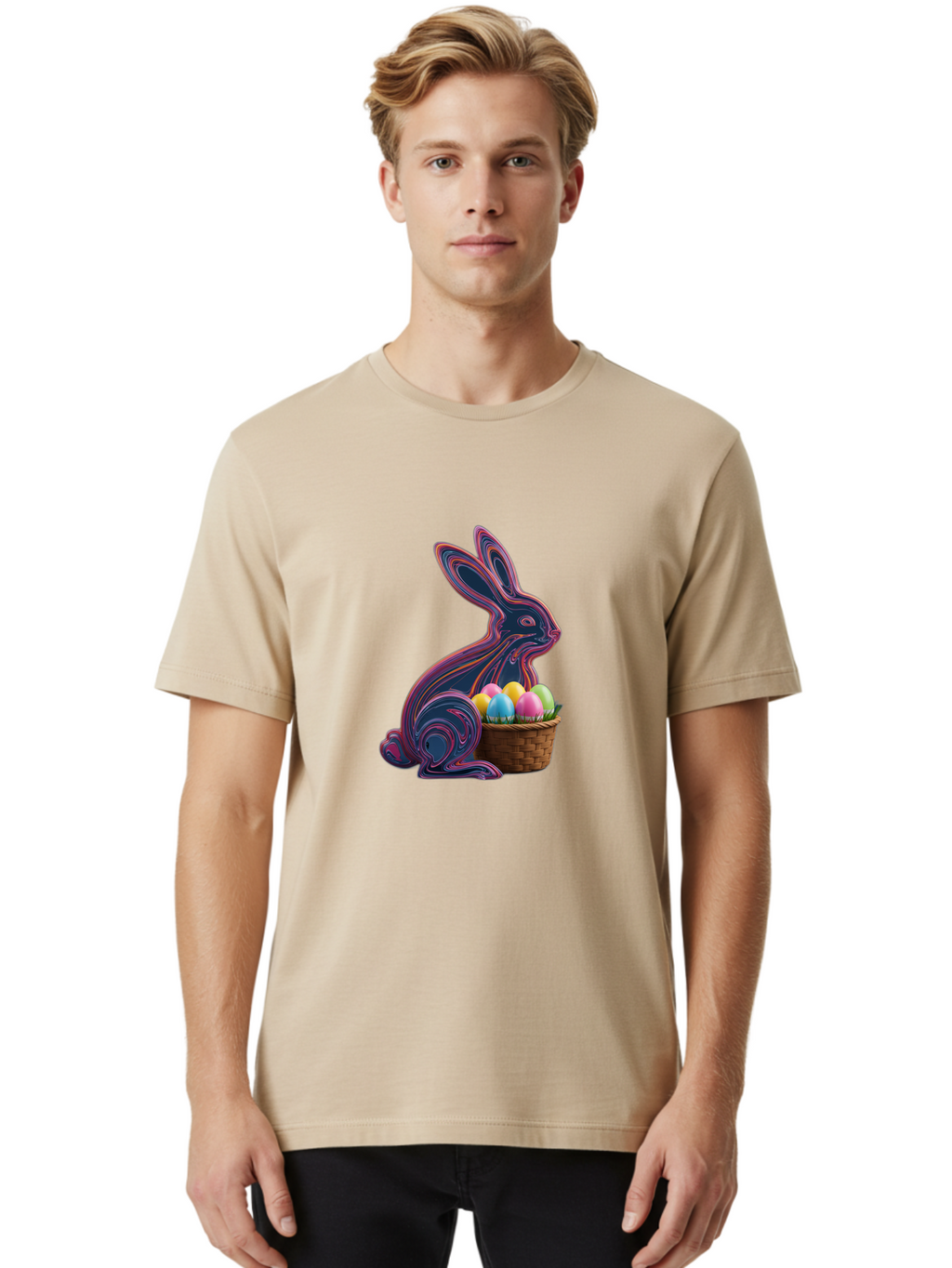 Easter-Bunny-1 Men'S Graphic Tee, 100% Cotton, Comfortable Casual Summer Wear, Machine Washable, Easter Bunny, Pastel Eggs, Colorful Eggs, Wicker Basket, Festive Decor, Spring Theme, Vibrant Colors, Holiday Symbol, Easter Eggs Baa597