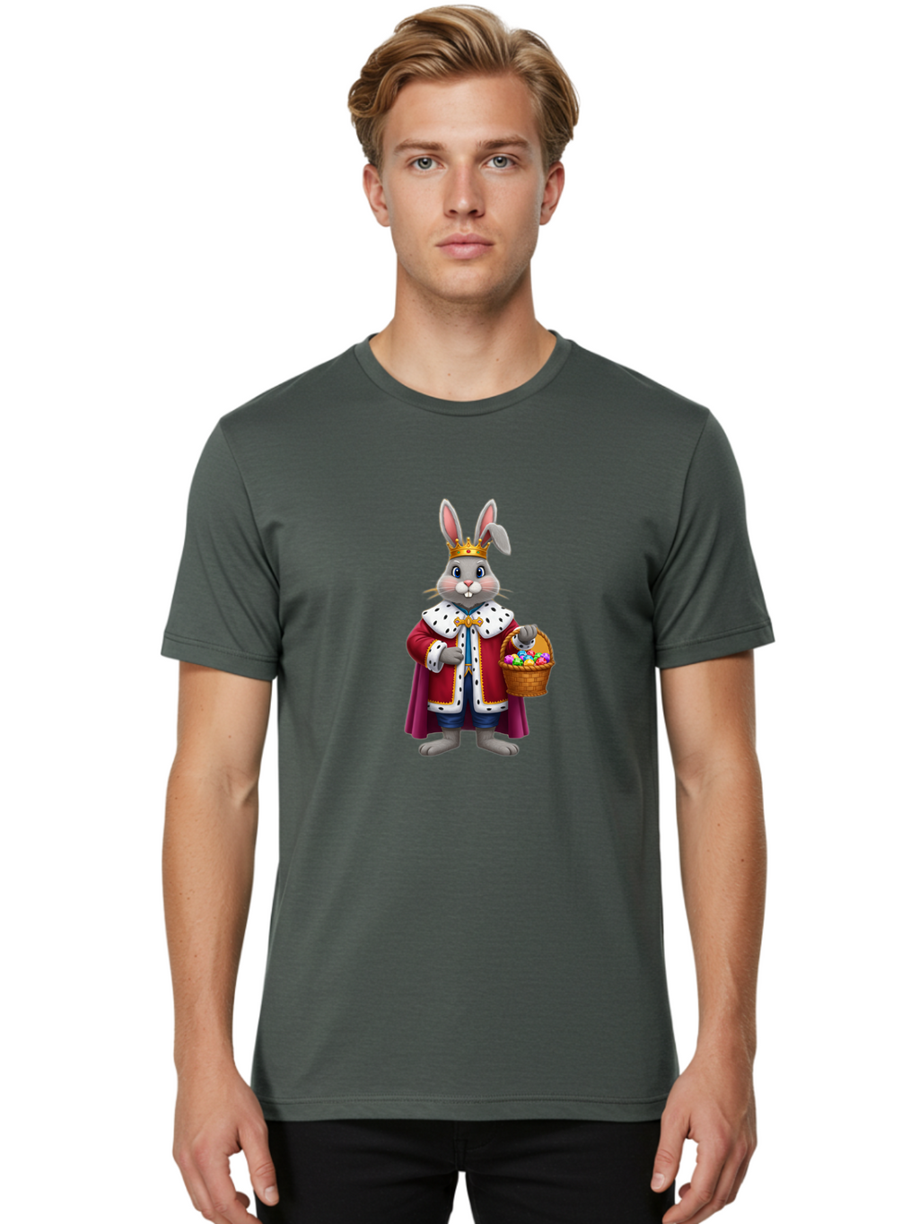 Easter-Bunny-King Men'S Graphic Tee, 100% Cotton, Comfortable Casual Summer Wear, Machine Washable, Easter Bunny With Crown, Royal Easter Bunny, Easter Eggs In Basket, Colorful Eggs, Festive Easter Scene, Cartoon Bunny Character, Baa598