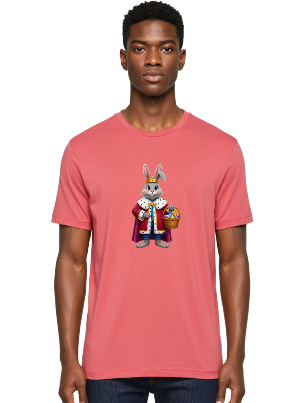 Easter-Bunny-King Men'S Graphic Tee, 100% Cotton, Comfortable Casual Summer Wear, Machine Washable, Easter Bunny With Crown, Royal Easter Bunny, Easter Eggs In Basket, Colorful Eggs, Festive Easter Scene, Cartoon Bunny Character, Baa598