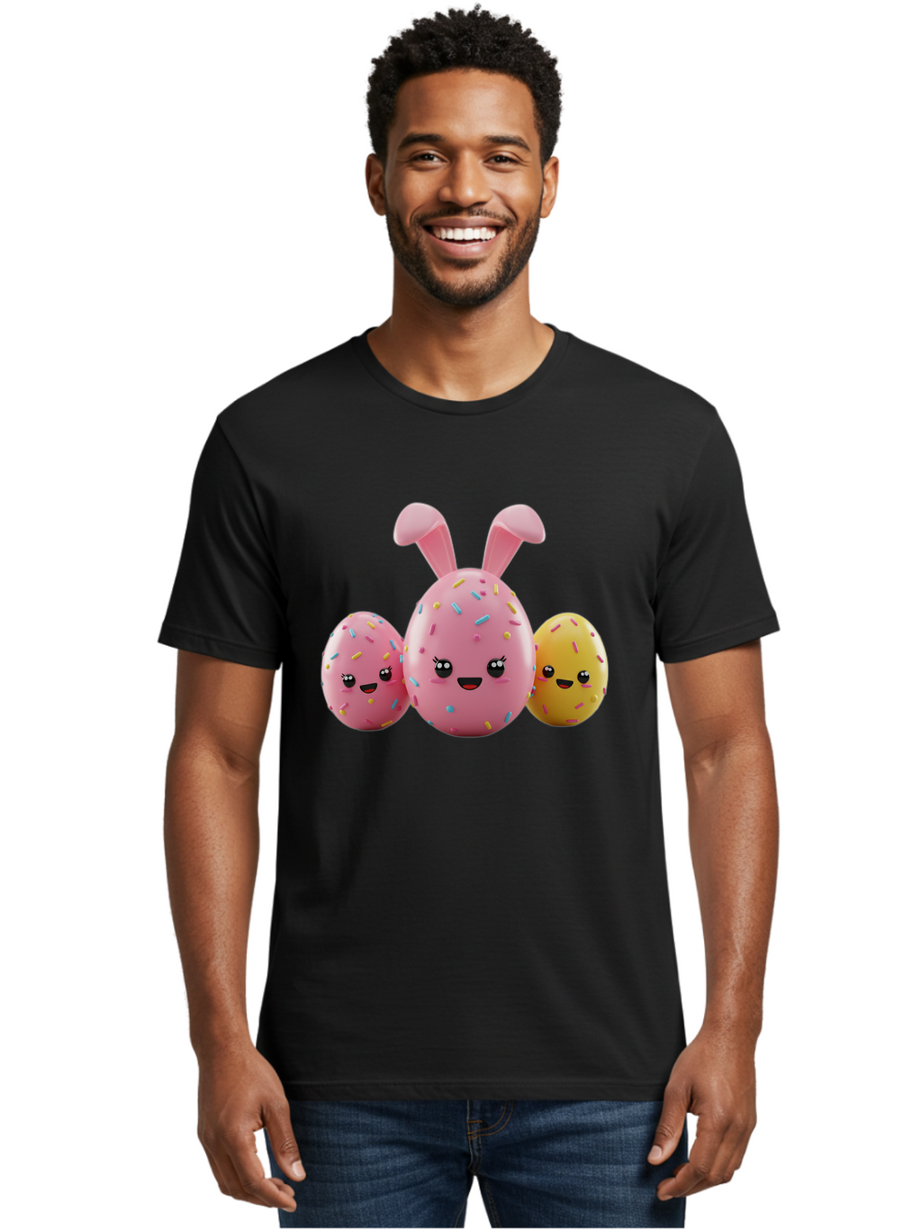 Easter-Egg-Characters Men'S Graphic Tee, 100% Cotton, Comfortable Casual Summer Wear, Machine Washable, Easter Eggs, Cartoon Characters, Smiling Faces, Sprinkles, Pastel Colors, 3D Rendering, Festive Vibe, Easter Celebration, Cute Eggs, Baa600