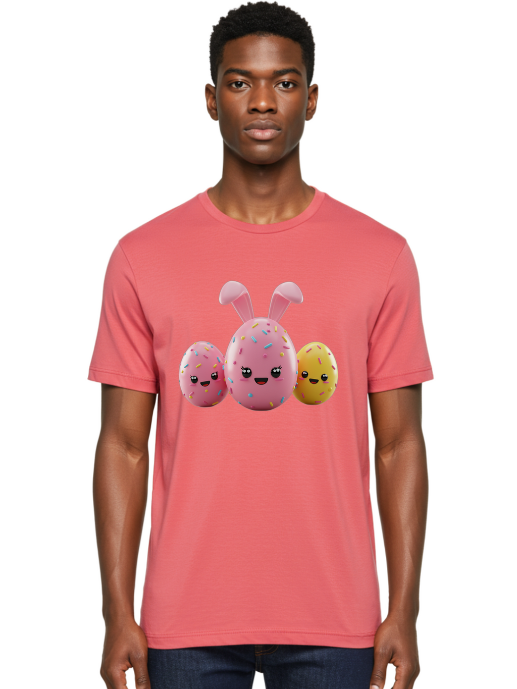 Easter-Egg-Characters Men'S Graphic Tee, 100% Cotton, Comfortable Casual Summer Wear, Machine Washable, Easter Eggs, Cartoon Characters, Smiling Faces, Sprinkles, Pastel Colors, 3D Rendering, Festive Vibe, Easter Celebration, Cute Eggs, Baa600