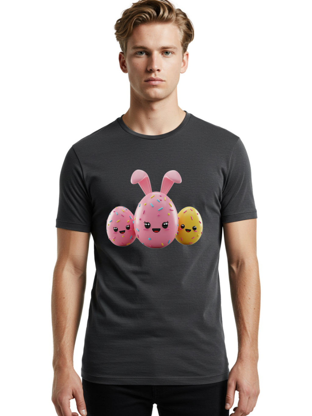 Easter-Egg-Characters Men'S Graphic Tee, 100% Cotton, Comfortable Casual Summer Wear, Machine Washable, Easter Eggs, Cartoon Characters, Smiling Faces, Sprinkles, Pastel Colors, 3D Rendering, Festive Vibe, Easter Celebration, Cute Eggs, Baa600