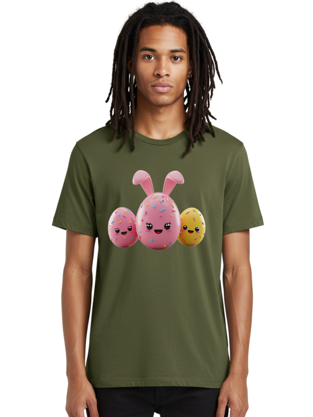 Easter-Egg-Characters Men'S Graphic Tee, 100% Cotton, Comfortable Casual Summer Wear, Machine Washable, Easter Eggs, Cartoon Characters, Smiling Faces, Sprinkles, Pastel Colors, 3D Rendering, Festive Vibe, Easter Celebration, Cute Eggs, Baa600