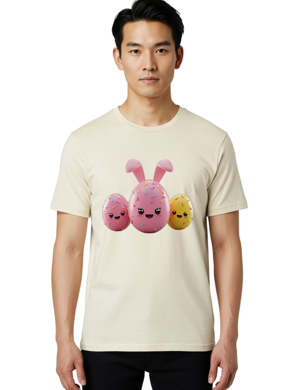 Easter-Egg-Characters Men'S Graphic Tee, 100% Cotton, Comfortable Casual Summer Wear, Machine Washable, Easter Eggs, Cartoon Characters, Smiling Faces, Sprinkles, Pastel Colors, 3D Rendering, Festive Vibe, Easter Celebration, Cute Eggs, Baa600