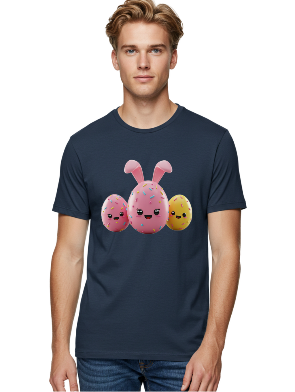 Easter-Egg-Characters Men'S Graphic Tee, 100% Cotton, Comfortable Casual Summer Wear, Machine Washable, Easter Eggs, Cartoon Characters, Smiling Faces, Sprinkles, Pastel Colors, 3D Rendering, Festive Vibe, Easter Celebration, Cute Eggs, Baa600