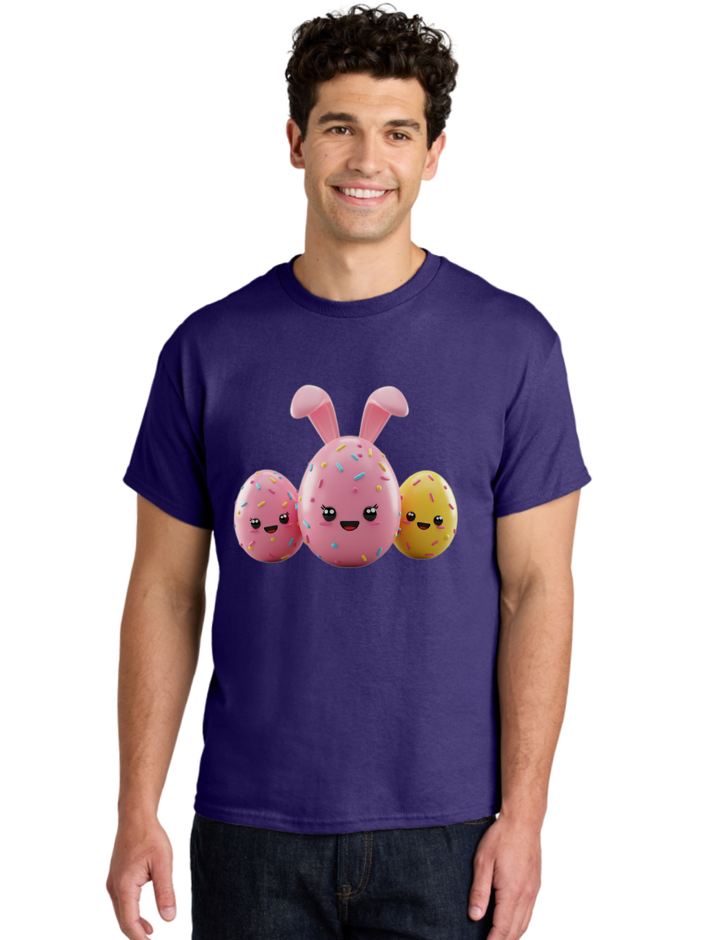 Easter-Egg-Characters Men'S Graphic Tee, 100% Cotton, Comfortable Casual Summer Wear, Machine Washable, Easter Eggs, Cartoon Characters, Smiling Faces, Sprinkles, Pastel Colors, 3D Rendering, Festive Vibe, Easter Celebration, Cute Eggs, Baa600