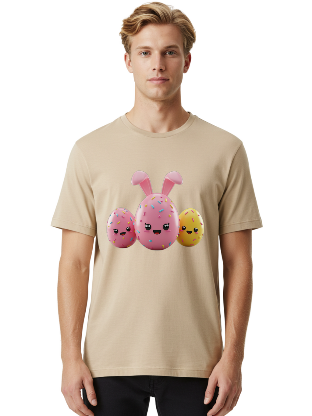 Easter-Egg-Characters Men'S Graphic Tee, 100% Cotton, Comfortable Casual Summer Wear, Machine Washable, Easter Eggs, Cartoon Characters, Smiling Faces, Sprinkles, Pastel Colors, 3D Rendering, Festive Vibe, Easter Celebration, Cute Eggs, Baa600