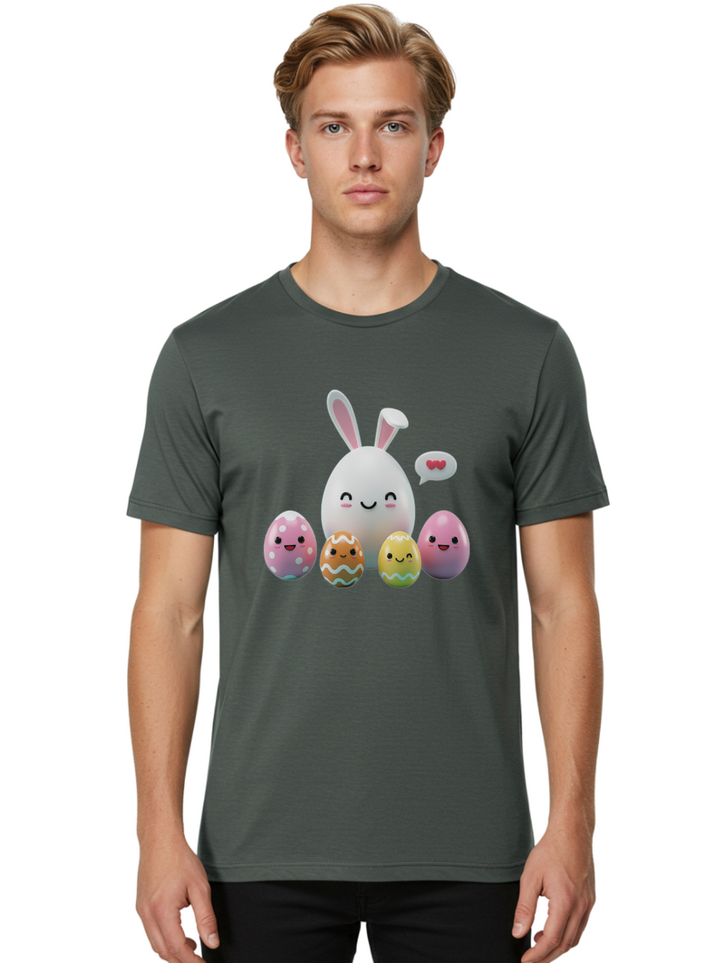 Easter-Egg-Friends Men'S Graphic Tee, 100% Cotton, Comfortable Casual Summer Wear, Machine Washable, Easter Eggs, Cartoon Eggs, Decorated Eggs, Cute Eggs, Egg Characters, Happy Easter, Pink Eggs, White Bunny, Cartoon Bunny, Easter Theme, Baa601
