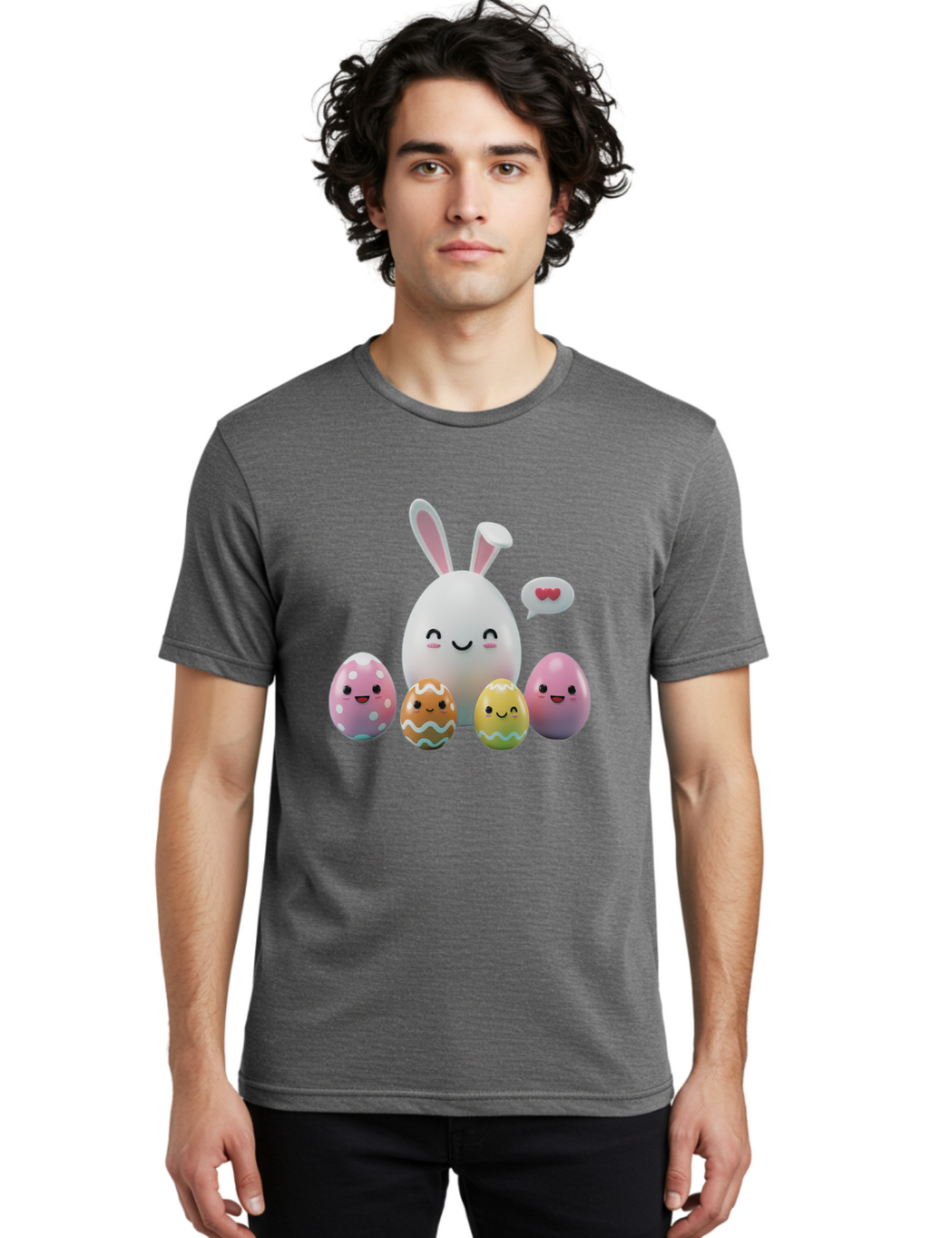 Easter-Egg-Friends Men'S Graphic Tee, 100% Cotton, Comfortable Casual Summer Wear, Machine Washable, Easter Eggs, Cartoon Eggs, Decorated Eggs, Cute Eggs, Egg Characters, Happy Easter, Pink Eggs, White Bunny, Cartoon Bunny, Easter Theme, Baa601