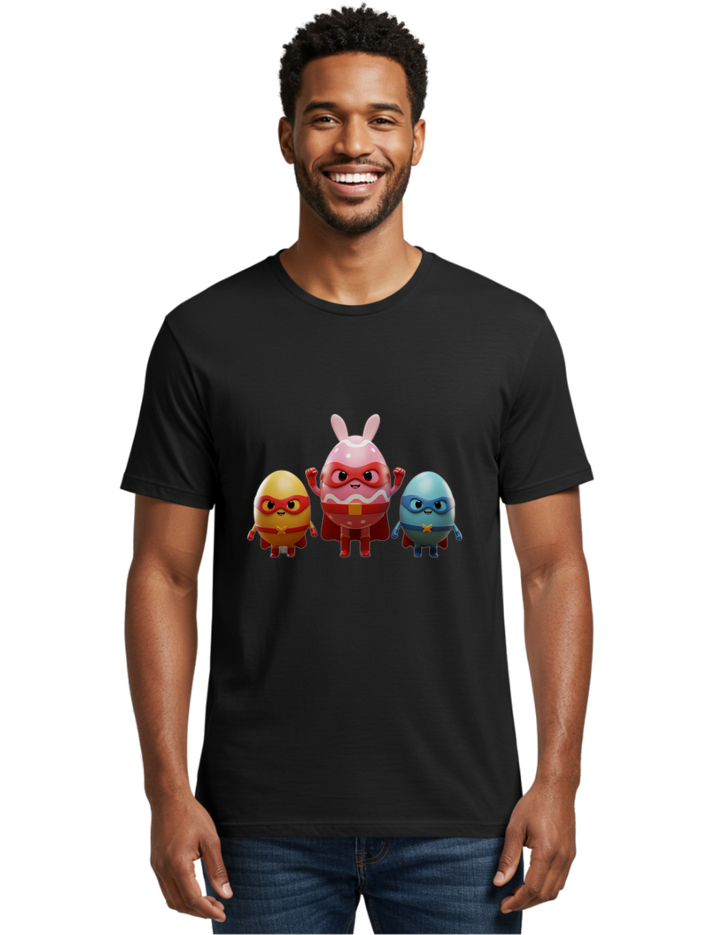 Easter-Egg-Heroes Men'S Graphic Tee, 100% Cotton, Comfortable Casual Summer Wear, Machine Washable, Cartoon Eggs, Superhero Eggs, Easter Eggs, Egg Characters, Superhero Costumes, Colorful Eggs, Fun Characters, Egg Mascots, Dynamic Duo, Baa602