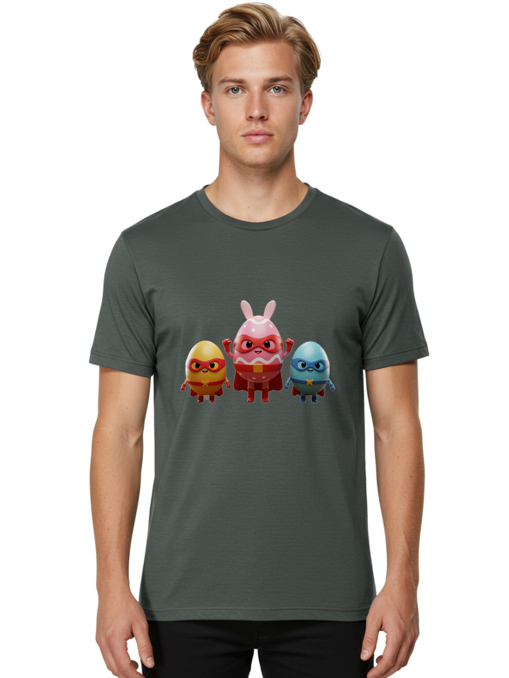 Easter-Egg-Heroes Men'S Graphic Tee, 100% Cotton, Comfortable Casual Summer Wear, Machine Washable, Cartoon Eggs, Superhero Eggs, Easter Eggs, Egg Characters, Superhero Costumes, Colorful Eggs, Fun Characters, Egg Mascots, Dynamic Duo, Baa602