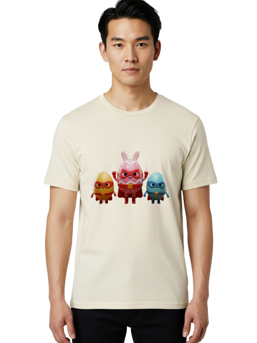 Easter-Egg-Heroes Men'S Graphic Tee, 100% Cotton, Comfortable Casual Summer Wear, Machine Washable, Cartoon Eggs, Superhero Eggs, Easter Eggs, Egg Characters, Superhero Costumes, Colorful Eggs, Fun Characters, Egg Mascots, Dynamic Duo, Baa602