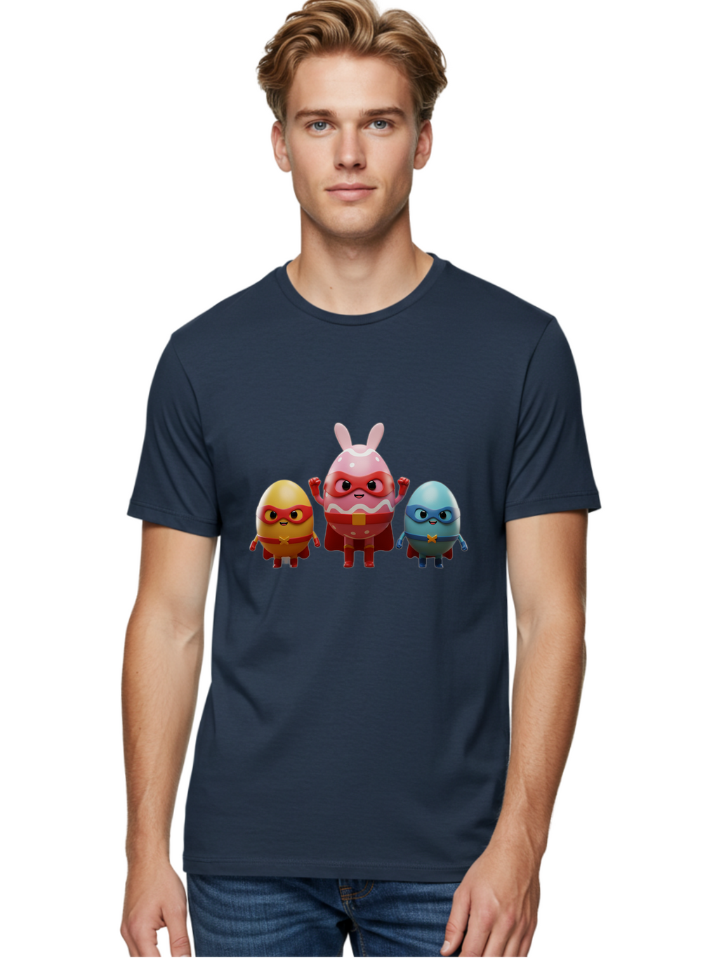 Easter-Egg-Heroes Men'S Graphic Tee, 100% Cotton, Comfortable Casual Summer Wear, Machine Washable, Cartoon Eggs, Superhero Eggs, Easter Eggs, Egg Characters, Superhero Costumes, Colorful Eggs, Fun Characters, Egg Mascots, Dynamic Duo, Baa602