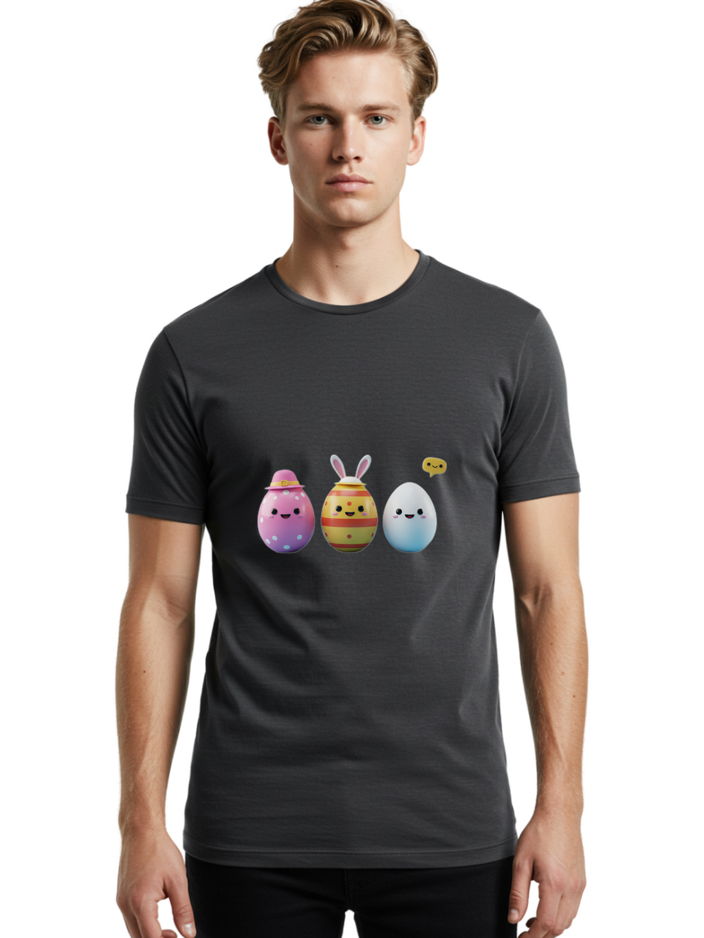 Easter-Eggs-1 Men'S Graphic Tee, 100% Cotton, Comfortable Casual Summer Wear, Machine Washable, Cartoon Easter Eggs, Colorful Eggs, Easter Egg Hunt, Spring Celebration, Adorable Characters, Cute Designs, Easter Egg Characters, Pastel Colors, Baa603