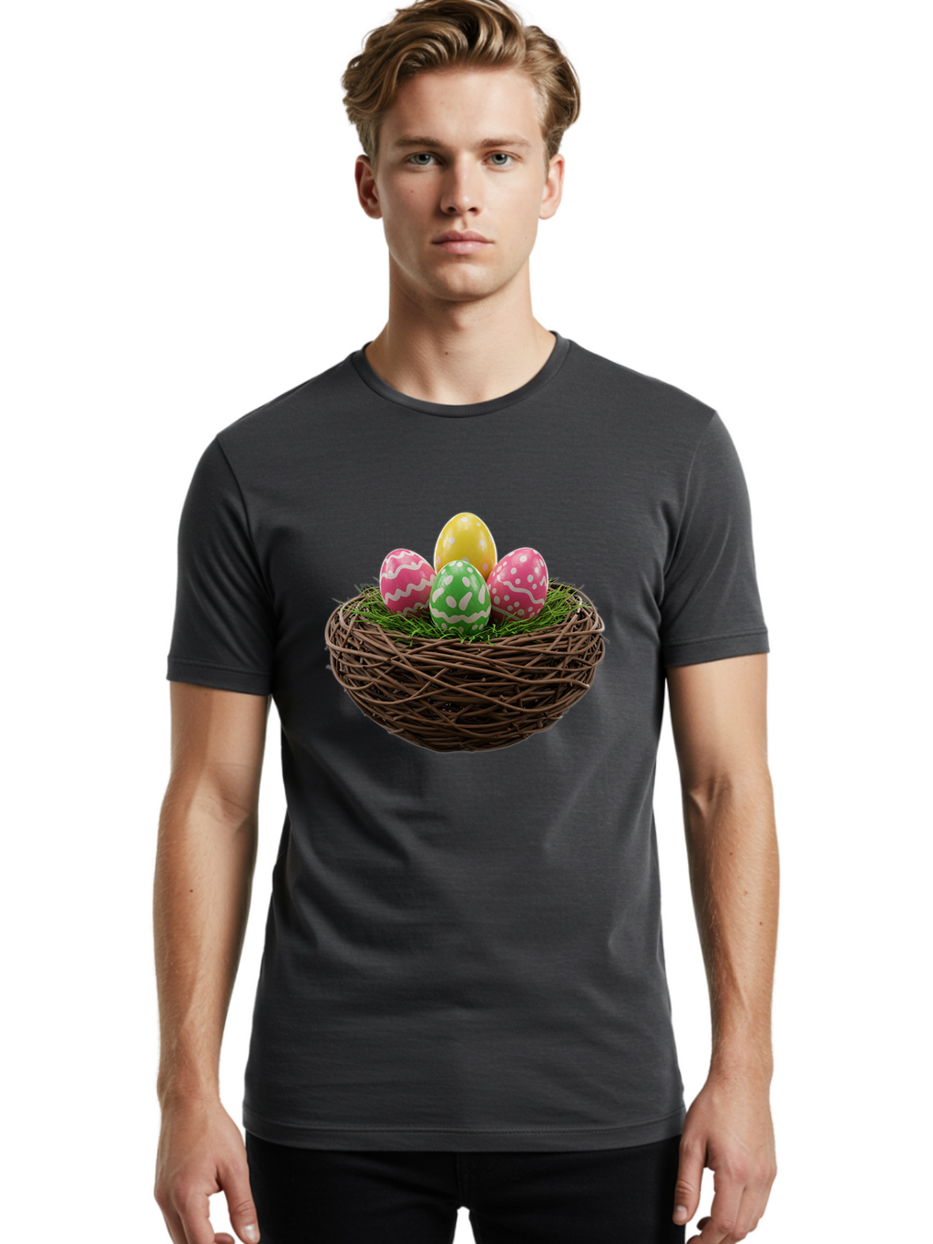 Easter-Eggs-10 Men'S Graphic Tee, 100% Cotton, Comfortable Casual Summer Wear, Machine Washable, Easter Eggs, Decorated Eggs, Wicker Nest, Springtime Decor, Holiday Celebration, Festive Colors, Pink, Green, And Yellow Eggs, Easter Tradition, Baa604