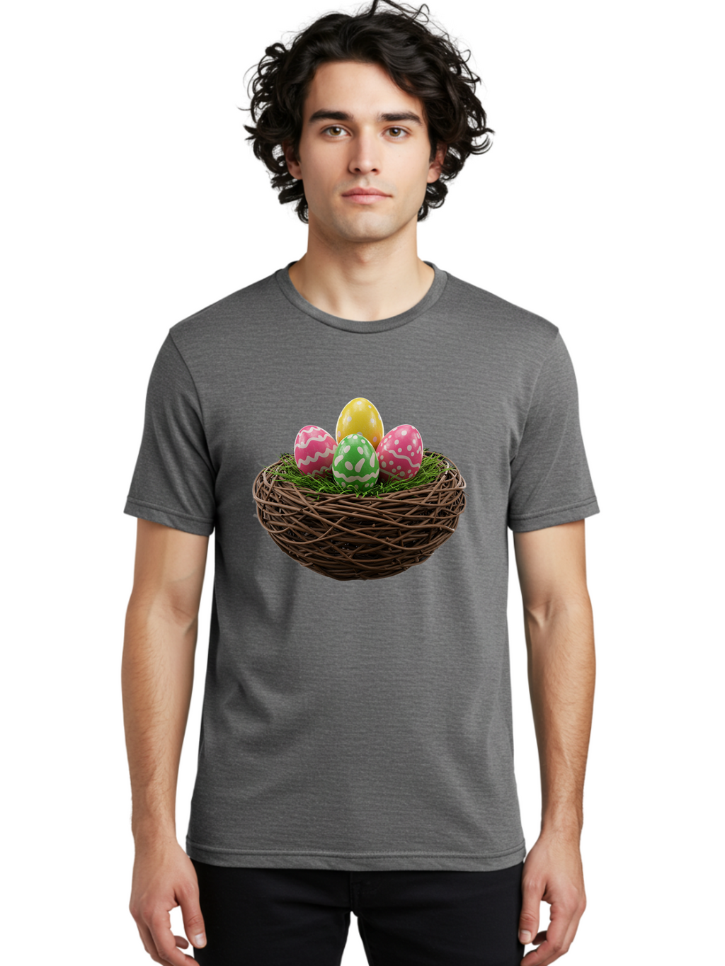Easter-Eggs-10 Men'S Graphic Tee, 100% Cotton, Comfortable Casual Summer Wear, Machine Washable, Easter Eggs, Decorated Eggs, Wicker Nest, Springtime Decor, Holiday Celebration, Festive Colors, Pink, Green, And Yellow Eggs, Easter Tradition, Baa604