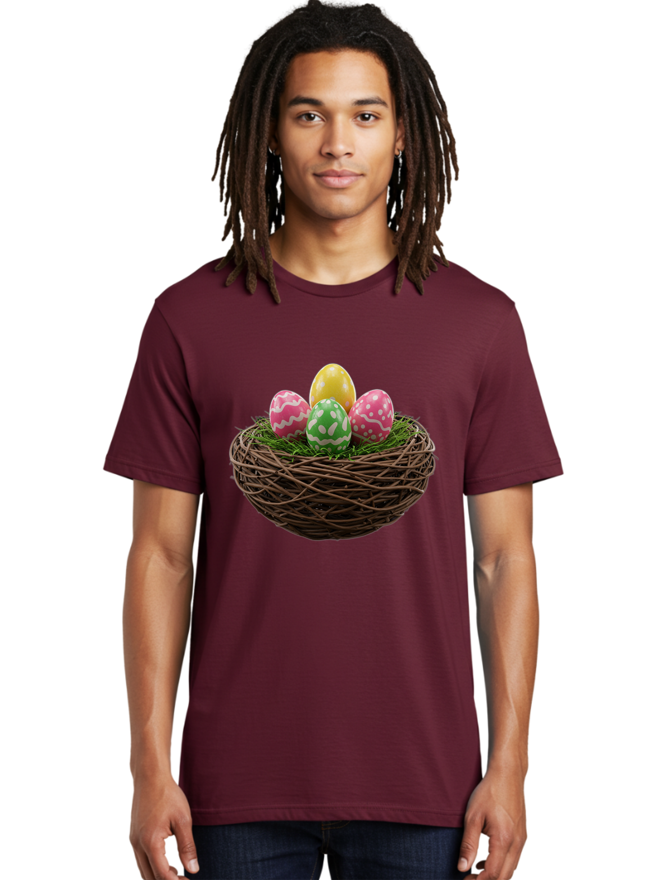 Easter-Eggs-10 Men'S Graphic Tee, 100% Cotton, Comfortable Casual Summer Wear, Machine Washable, Easter Eggs, Decorated Eggs, Wicker Nest, Springtime Decor, Holiday Celebration, Festive Colors, Pink, Green, And Yellow Eggs, Easter Tradition, Baa604