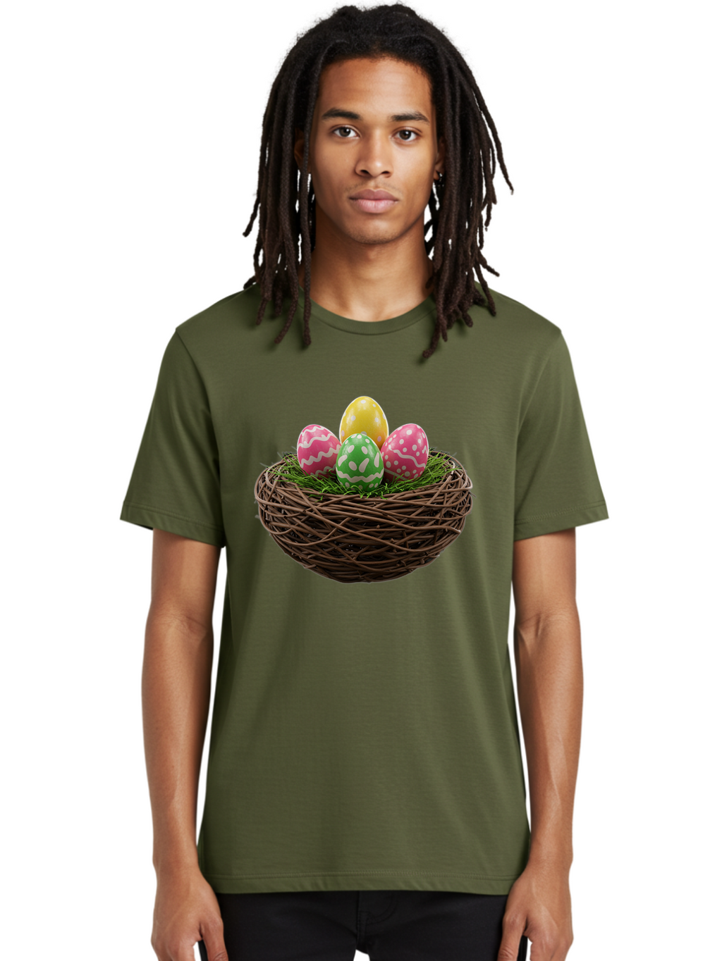 Easter-Eggs-10 Men'S Graphic Tee, 100% Cotton, Comfortable Casual Summer Wear, Machine Washable, Easter Eggs, Decorated Eggs, Wicker Nest, Springtime Decor, Holiday Celebration, Festive Colors, Pink, Green, And Yellow Eggs, Easter Tradition, Baa604