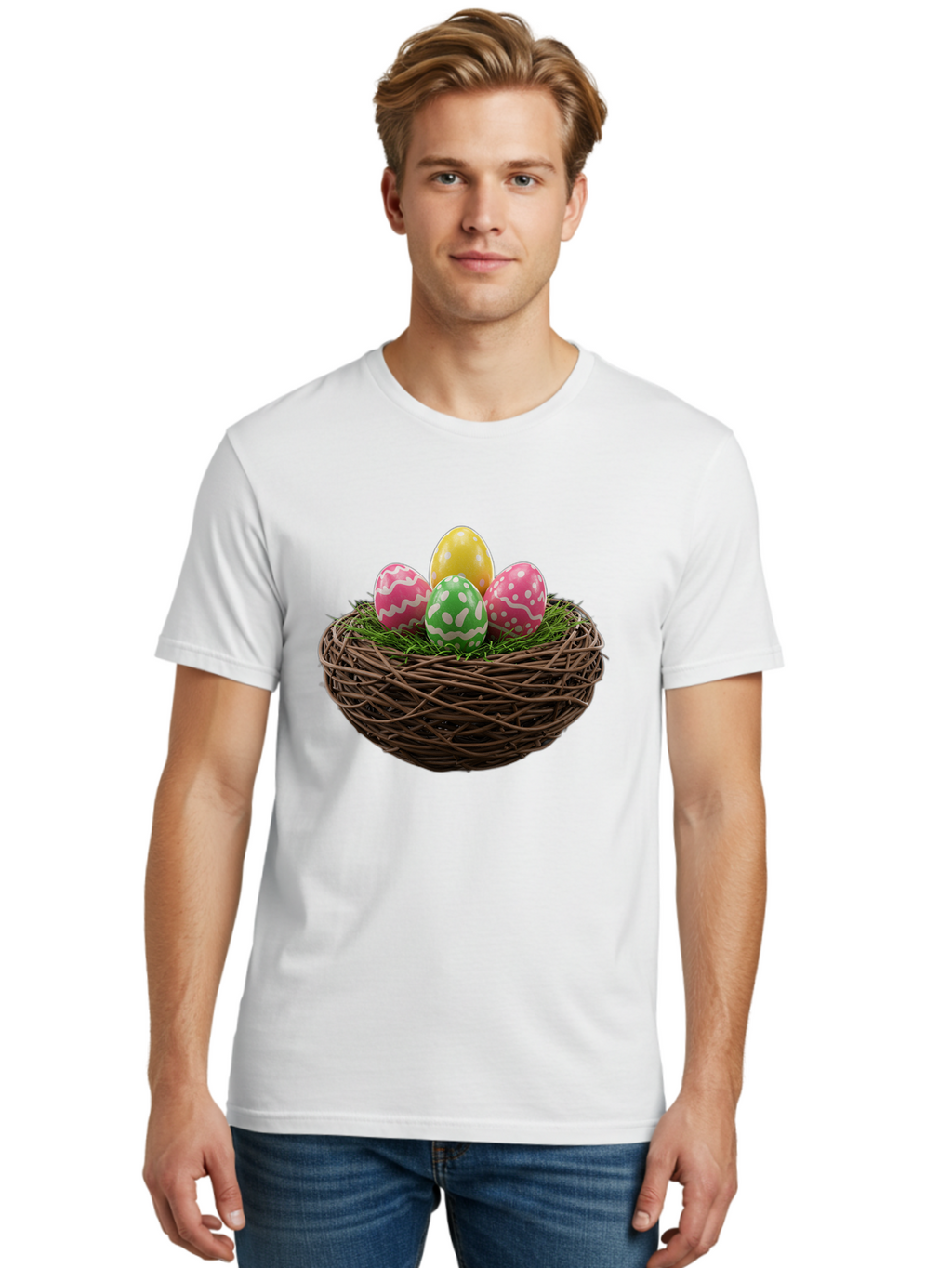 Easter-Eggs-10 Men'S Graphic Tee, 100% Cotton, Comfortable Casual Summer Wear, Machine Washable, Easter Eggs, Decorated Eggs, Wicker Nest, Springtime Decor, Holiday Celebration, Festive Colors, Pink, Green, And Yellow Eggs, Easter Tradition, Baa604