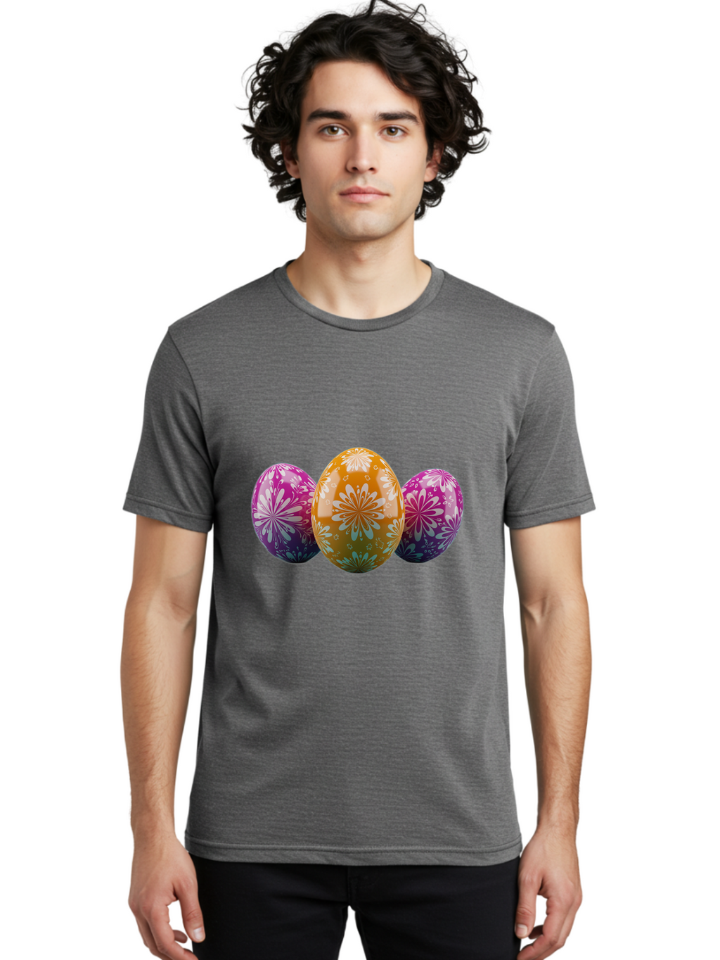 Easter-Eggs-11 Men'S Graphic Tee, 100% Cotton, Comfortable Casual Summer Wear, Machine Washable, Decorated Easter Eggs, Floral Patterns, Purple And Orange Eggs, Shiny Finish, Easter Celebration, Spring Decorations, Festive Eggs, Baa605