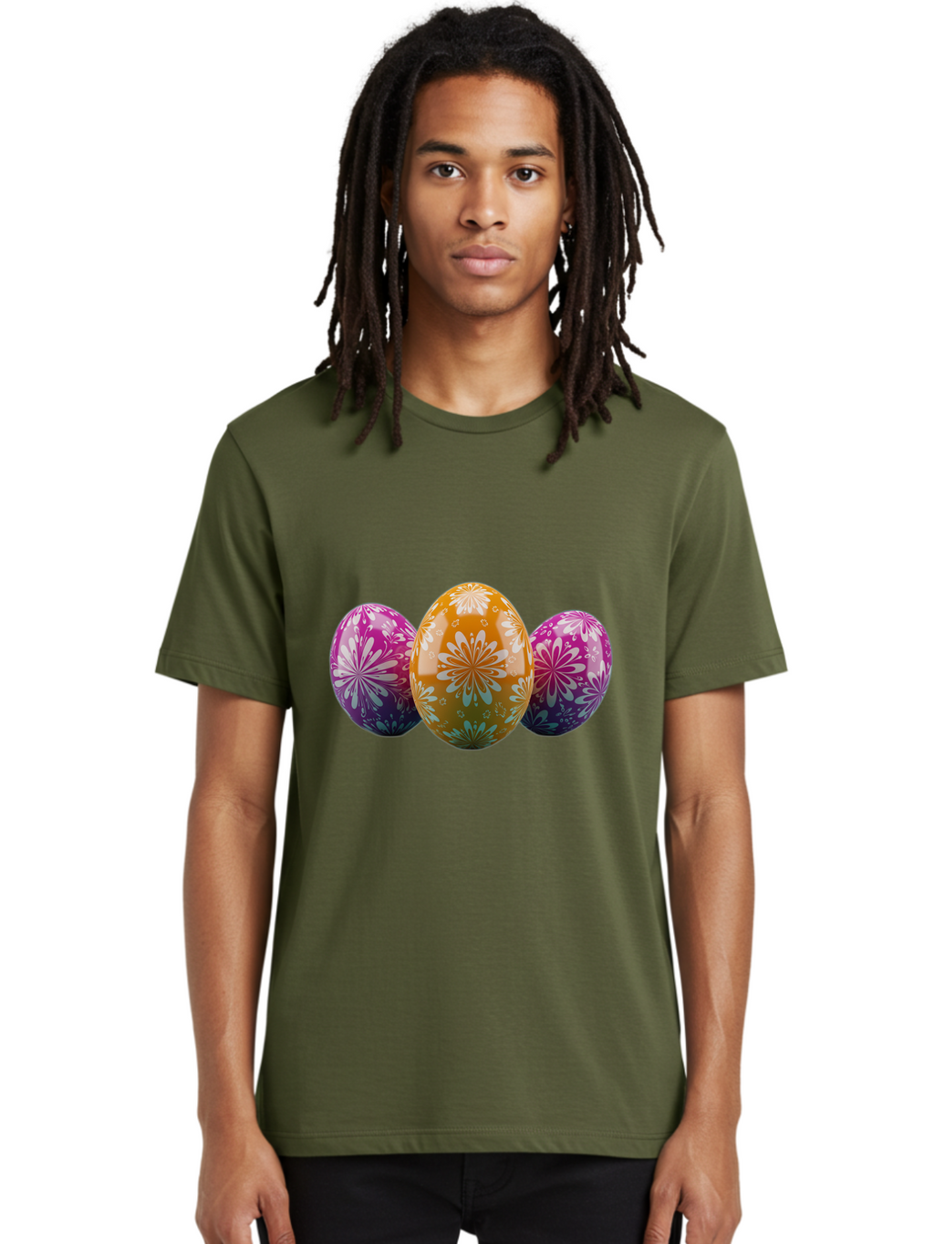 Easter-Eggs-11 Men'S Graphic Tee, 100% Cotton, Comfortable Casual Summer Wear, Machine Washable, Decorated Easter Eggs, Floral Patterns, Purple And Orange Eggs, Shiny Finish, Easter Celebration, Spring Decorations, Festive Eggs, Baa605