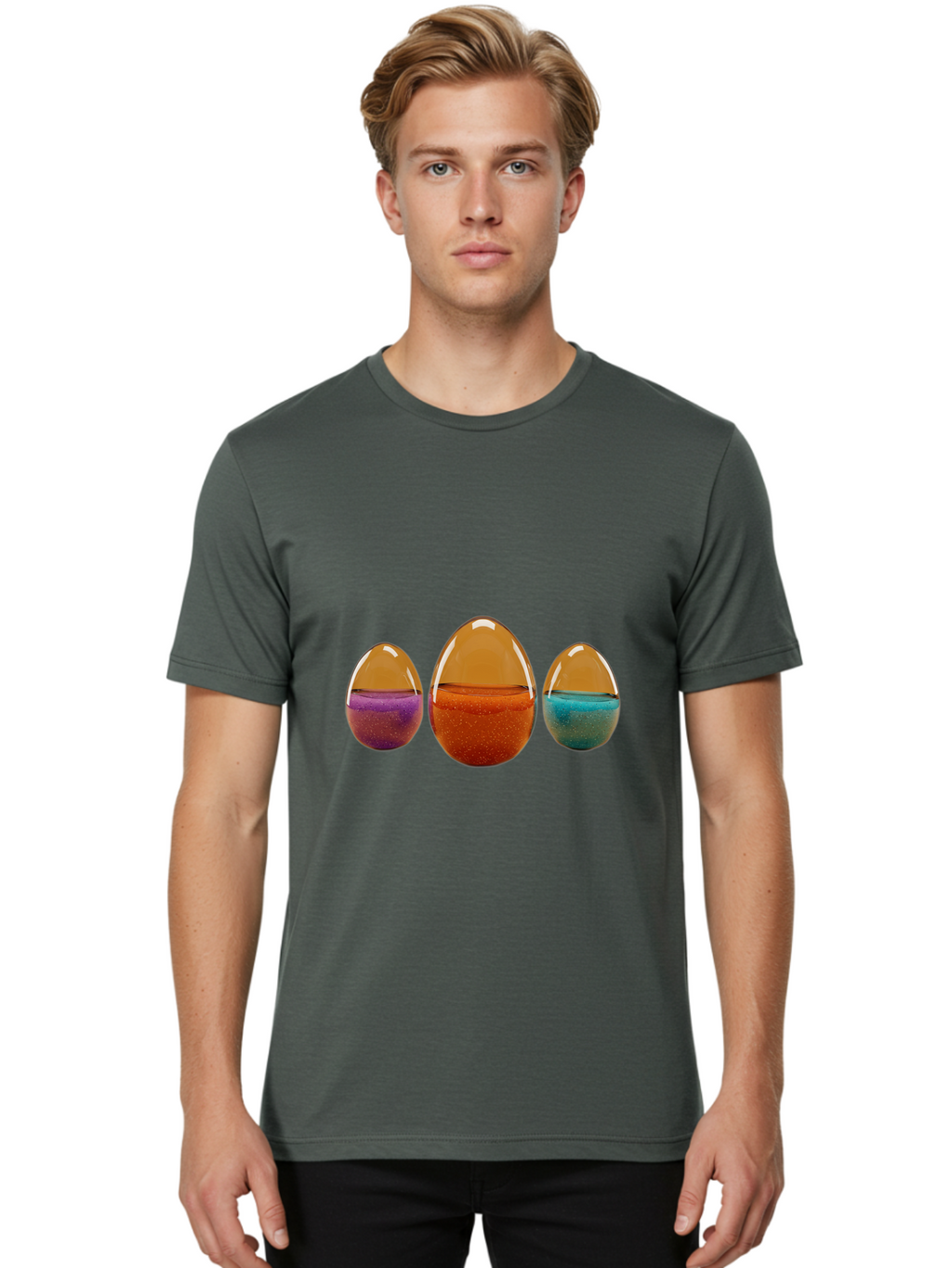 Easter-Eggs-12 Men'S Graphic Tee, 100% Cotton, Comfortable Casual Summer Wear, Machine Washable, Translucent Easter Eggs, Purple, Orange, Blue, Sparkly Contents, Festive Decorations, Spring Holiday, Colorful Eggs, Egg Decorations Baa606
