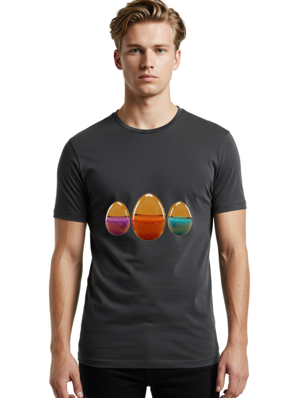 Easter-Eggs-12 Men'S Graphic Tee, 100% Cotton, Comfortable Casual Summer Wear, Machine Washable, Translucent Easter Eggs, Purple, Orange, Blue, Sparkly Contents, Festive Decorations, Spring Holiday, Colorful Eggs, Egg Decorations Baa606