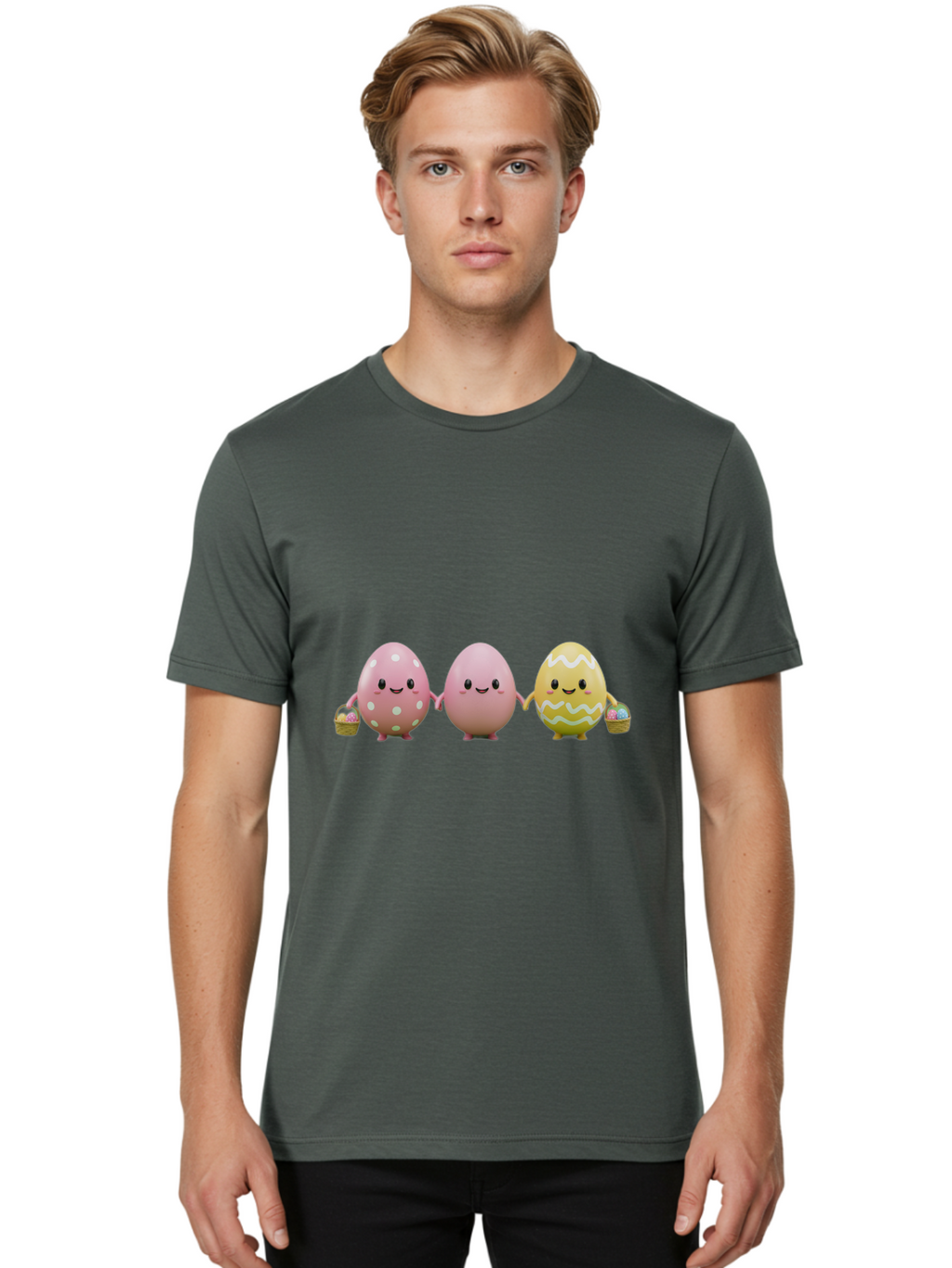 Easter-Eggs-3 Men'S Graphic Tee, 100% Cotton, Comfortable Casual Summer Wear, Machine Washable, Happy Easter Eggs, Smiling Faces, 3D Cartoon Eggs, Pastel Colors, Egg Decorations, Easter Basket, Festive Treats, Adorable Characters, Baa608