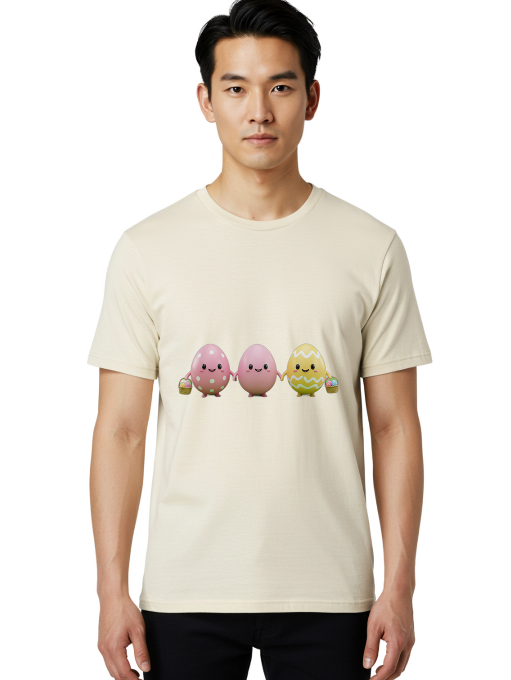 Easter-Eggs-3 Men'S Graphic Tee, 100% Cotton, Comfortable Casual Summer Wear, Machine Washable, Happy Easter Eggs, Smiling Faces, 3D Cartoon Eggs, Pastel Colors, Egg Decorations, Easter Basket, Festive Treats, Adorable Characters, Baa608
