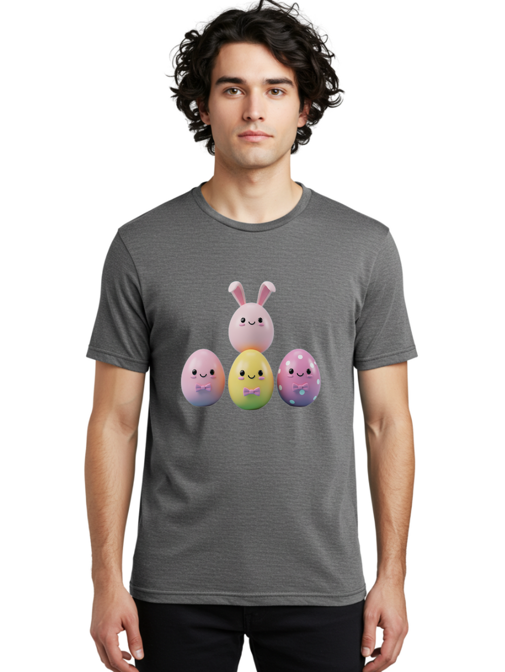 Easter-Eggs-5 Men'S Graphic Tee, 100% Cotton, Comfortable Casual Summer Wear, Machine Washable, Easter Eggs With Smiling Faces, Pastel Colors, Bow Ties, Bunny Ears, Festive Decor, Spring Theme, Cartoon Style, Adorable Characters, Happy Easter, Baa610