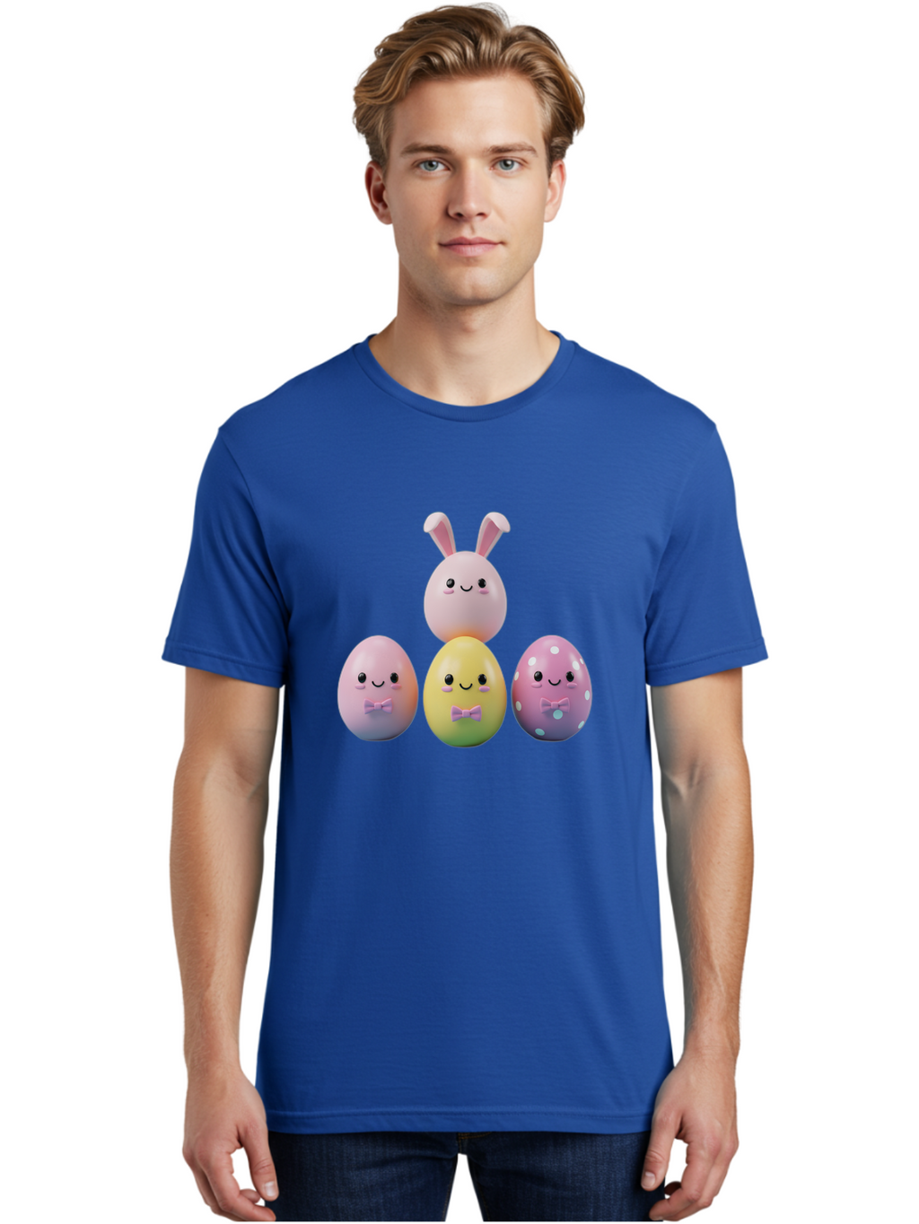 Easter-Eggs-5 Men'S Graphic Tee, 100% Cotton, Comfortable Casual Summer Wear, Machine Washable, Easter Eggs With Smiling Faces, Pastel Colors, Bow Ties, Bunny Ears, Festive Decor, Spring Theme, Cartoon Style, Adorable Characters, Happy Easter, Baa610