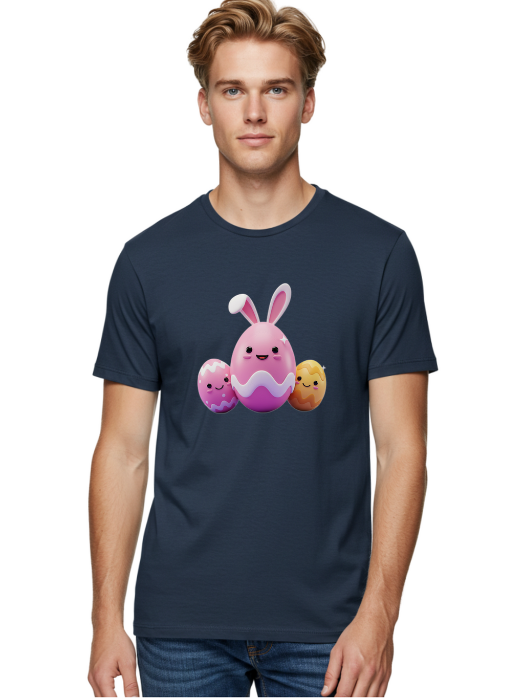 Easter-Eggs-6 Men'S Graphic Tee, 100% Cotton, Comfortable Casual Summer Wear, Machine Washable, Cartoon Easter Eggs, Easter Bunny Egg, Happy Easter, Easter Egg Hunt, Colorful Eggs, Decorated Eggs, Spring Season, Cute Characters, Smiling Faces Baa611