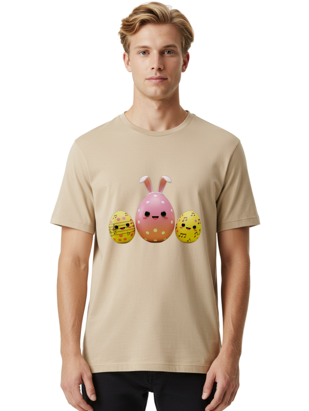 Easter-Eggs-7 Men'S Graphic Tee, 100% Cotton, Comfortable Casual Summer Wear, Machine Washable, Easter Eggs, Cartoon Characters, Funny Faces, Musical Notes, Pastel Colors, Easter Theme, Holiday Decorations, Cute Eggs, Bunny Ears, Smiley Faces, Baa612