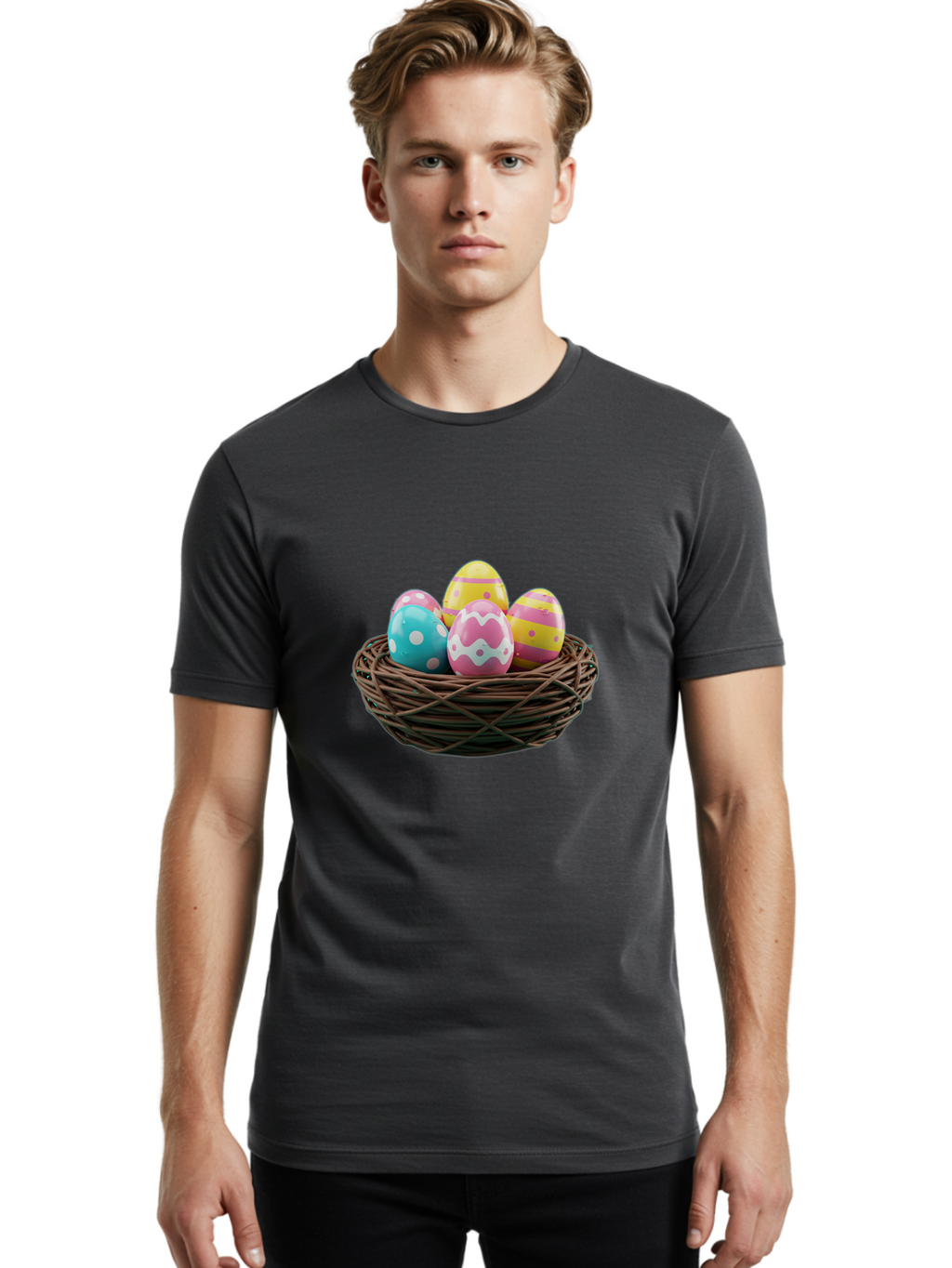 Easter-Eggs-8 Men'S Graphic Tee, 100% Cotton, Comfortable Casual Summer Wear, Machine Washable, Painted Easter Eggs, Wicker Basket, Festive Decorations, Spring Holiday, Colorful Eggs, Easter Celebration, Pastel Colors, Baa613