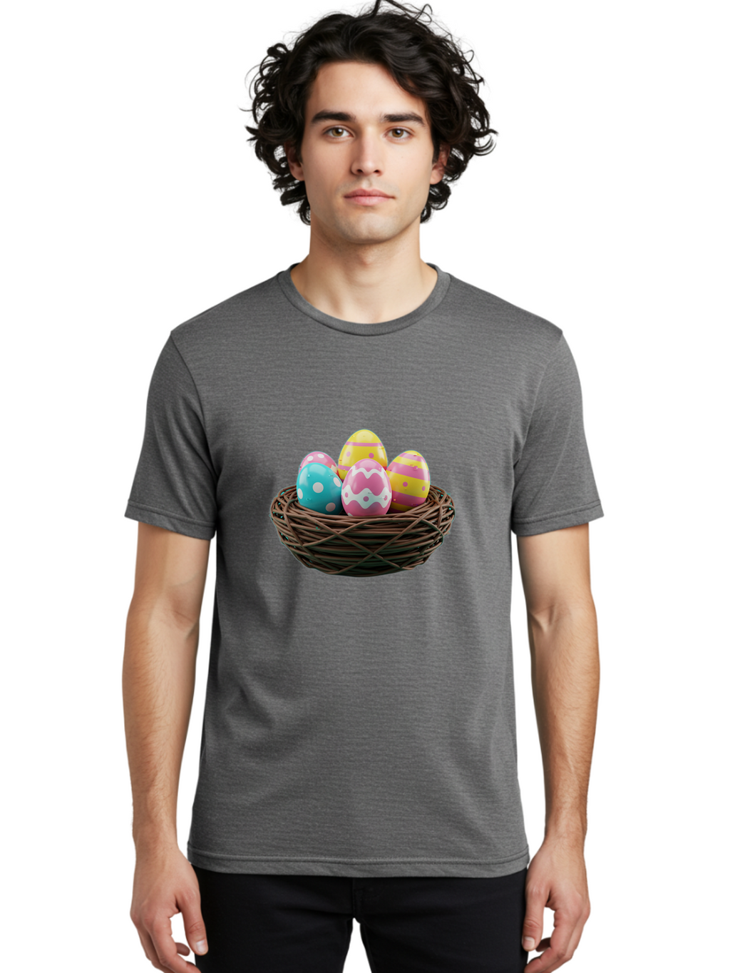 Easter-Eggs-8 Men'S Graphic Tee, 100% Cotton, Comfortable Casual Summer Wear, Machine Washable, Painted Easter Eggs, Wicker Basket, Festive Decorations, Spring Holiday, Colorful Eggs, Easter Celebration, Pastel Colors, Baa613